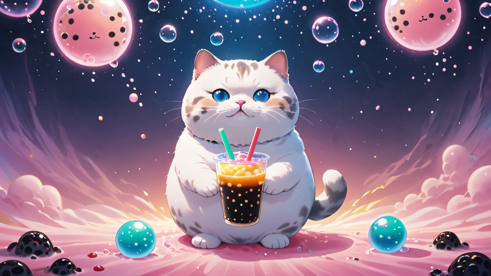 cosmic canvas,flawless, clean, masterpiece, professional artwork, famous artwork, painting of a chubby cat, ( bubble tea background),  