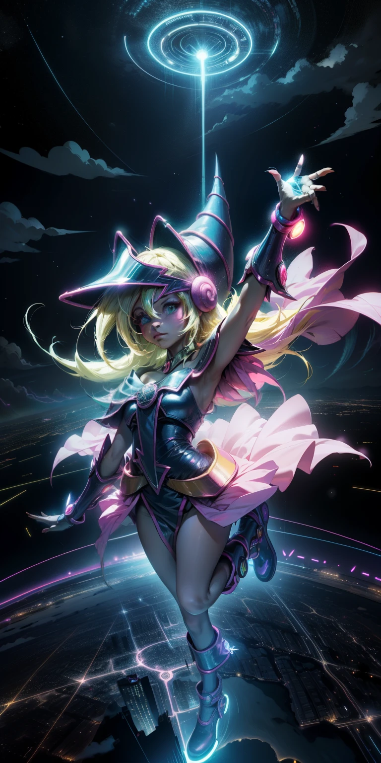Mujer preciosa dark magician girl ( neon cyberpunk ), The neon sings, neon lighting, RTX chica maga oscura iluminando volando en el aire. Encima de la ciudad a media noches. Luna llena. Cielos de estrellas. Mago oscuro volando