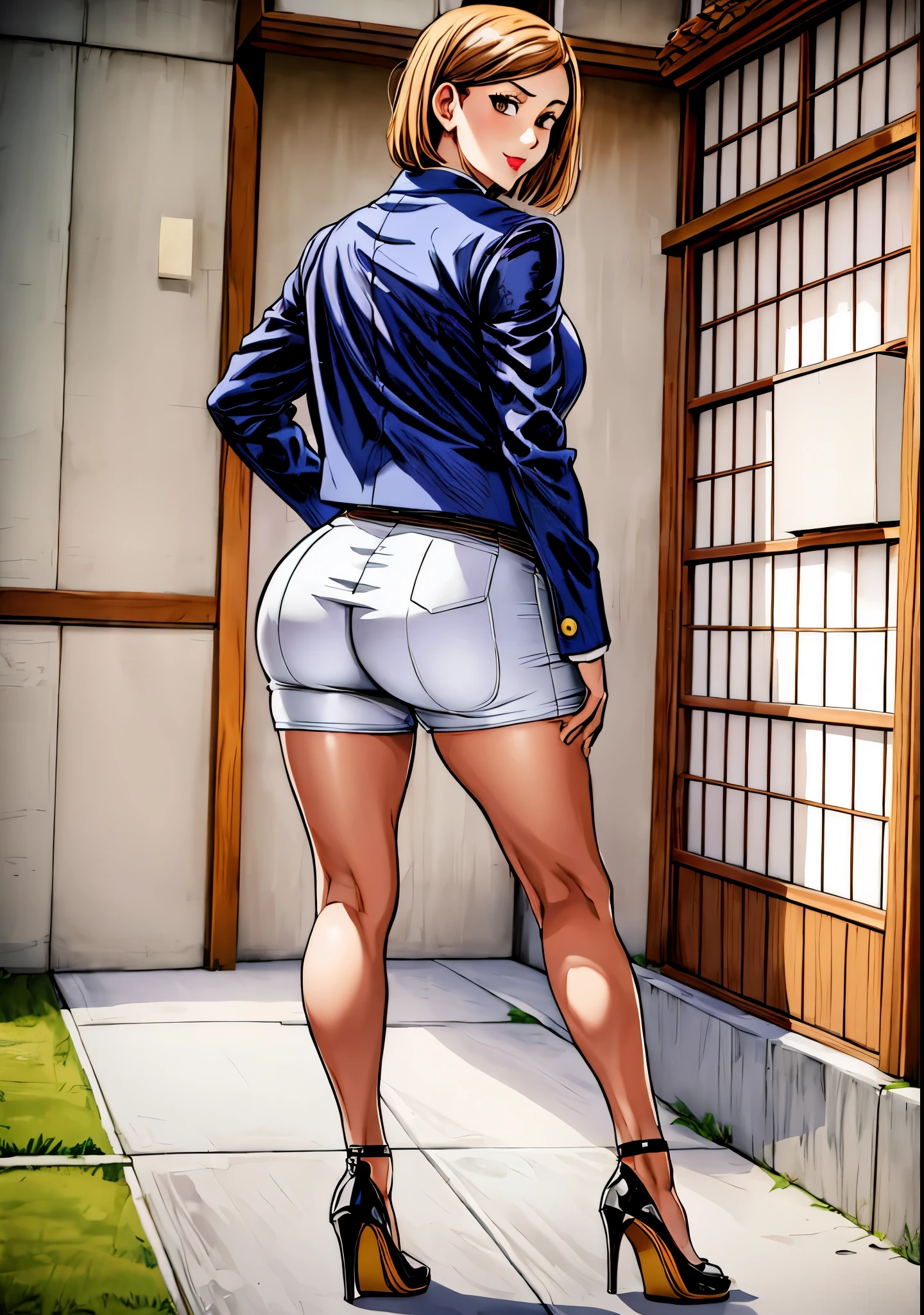 anime - style picture of a woman in high - waisted shorts and heels, cutesexyrobutts, thick thigs, beautiful anime girl squatting, bending over, thick thighs, thicc, oppai, giantess art, large thighs, thighs!!!, shapely derriere, thick legs, rear-shot, looking from behind, low view, best quality, masterprice, 1girl, (solo:1.1), raytracing, ultra detailed,detailed face, 8k wallpaper, large breasts, smile, wide hips, NobaraNDV, brown hair, brown eyes, jujuntsu uniform, standing, outdoor, street, detailed background, (ultra detailed:1.2), thicc body, red lips, gaze looking at the camera,