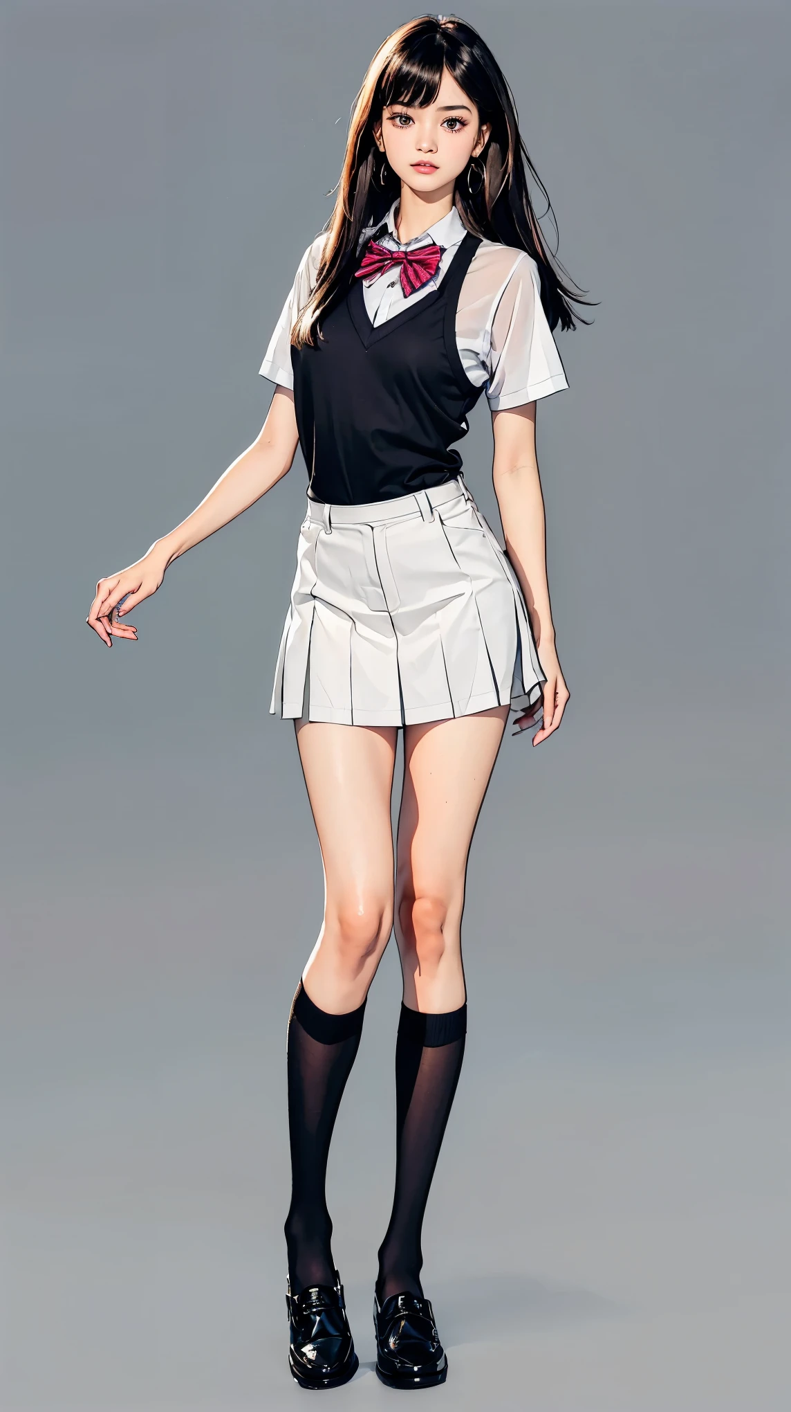 ((best quality,4k,highres,masterpiece:1.2)),((character concept art)), 1 female, teenage female, 15-year-old Asian beauty queen, ((black shoulder-length hair)), black hair, (fair skin colour), ultra finely detailed eyes (black eyes colour), innocent, beautiful, , slim body build, ((intricate detail)), super finely detailed hands, ultra finely detailed fingers(((ten fingers))), wearing white short sleeves school shirt with bowtie, gray school skirt, knee-length school socks, and black school loafers, (standing casually), (full body showcase), (show full body), (no logos on background), (no logo), ((plain background)), ((plain background)), (((empty background)))