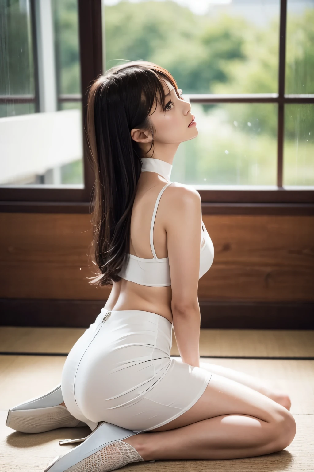 1 Japanese girl,Sitting on the sofa at home with my back straight and my head down,blushing and embarrassed face,very classy girl,white dress skirt,white choker,white high heels,((Full body:1.2,Voyeur from the side:1.2)),slim body shape,from below,realistic,best quality,ultra-detailed,high resolution,beautiful white skin,(looking ahead:1.2),flooring room