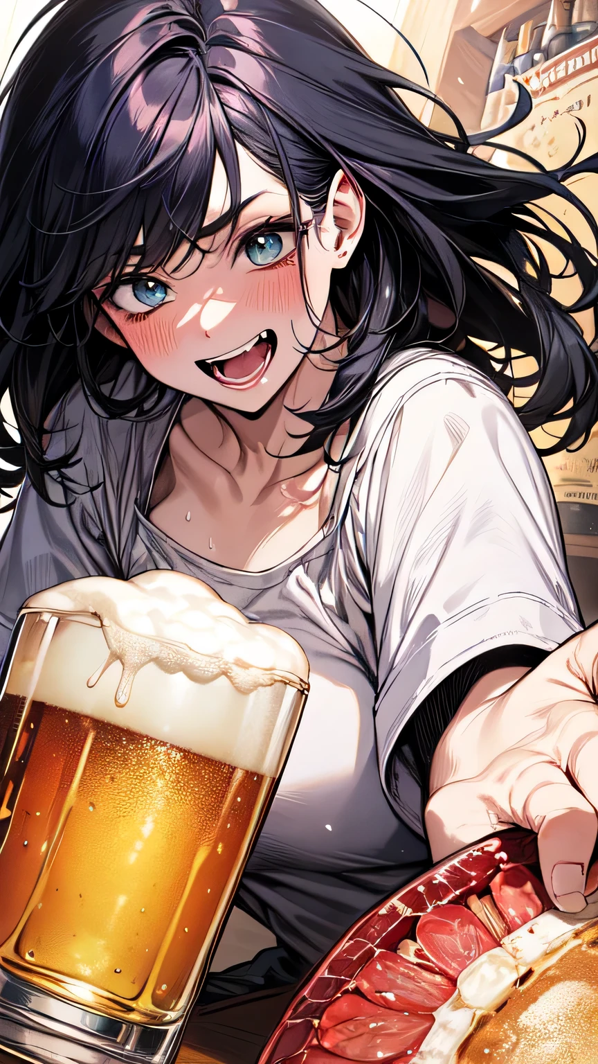 [nsfw:1.5], (absurdres:1.5), (anatomically correct), (photo once in 1000 years), (masterpiece), (highest quality), (super detailed), (detailed light), (slice of life:1.5), one girl, (laugh:1.5), (red face), (blind drunk:1.5), (incredible tasty beer:1.5), (ultimate detailed and beautiful teary eyes:1.2), (catchlight:1.5), clavicle, cleavage, mega breasts, (white shirt), (looking away:1.5), (low angle:1.5), shiny, shiny hair, (rouge), shiny skins, bright, (anime), sweat, immoral, droll, drool