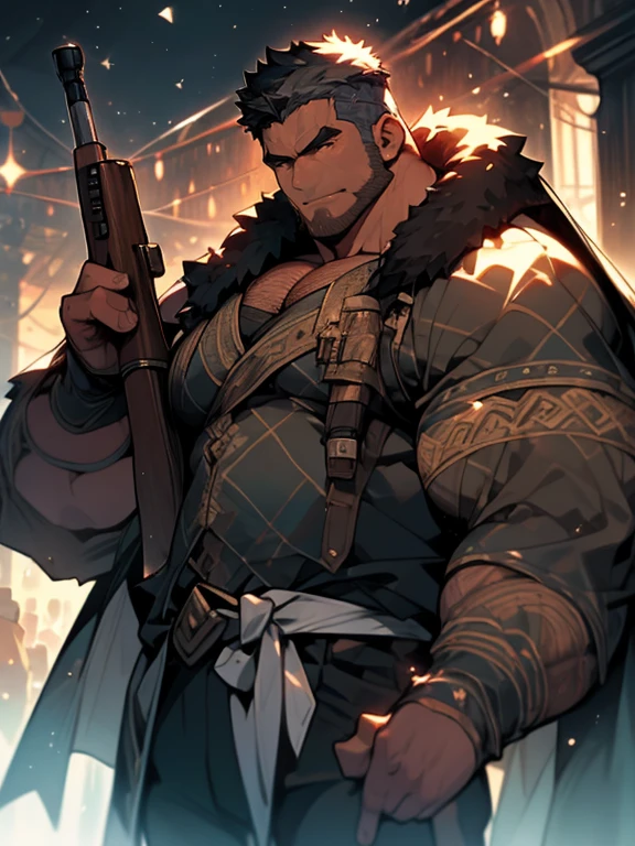 Extremadamente detallado、cara detallada、ojos detalladoano detallada、ver cuerpo completo、cuerpo mercenario、gordo(gordo、gordo), pelo oscuro y barba corta、buen brazo、Buenos ojos、ciudad nocturna、Ropa negra con capucha.、Tener un rifle de asalto(Rifles de asalto dibujados en cada detalle.)