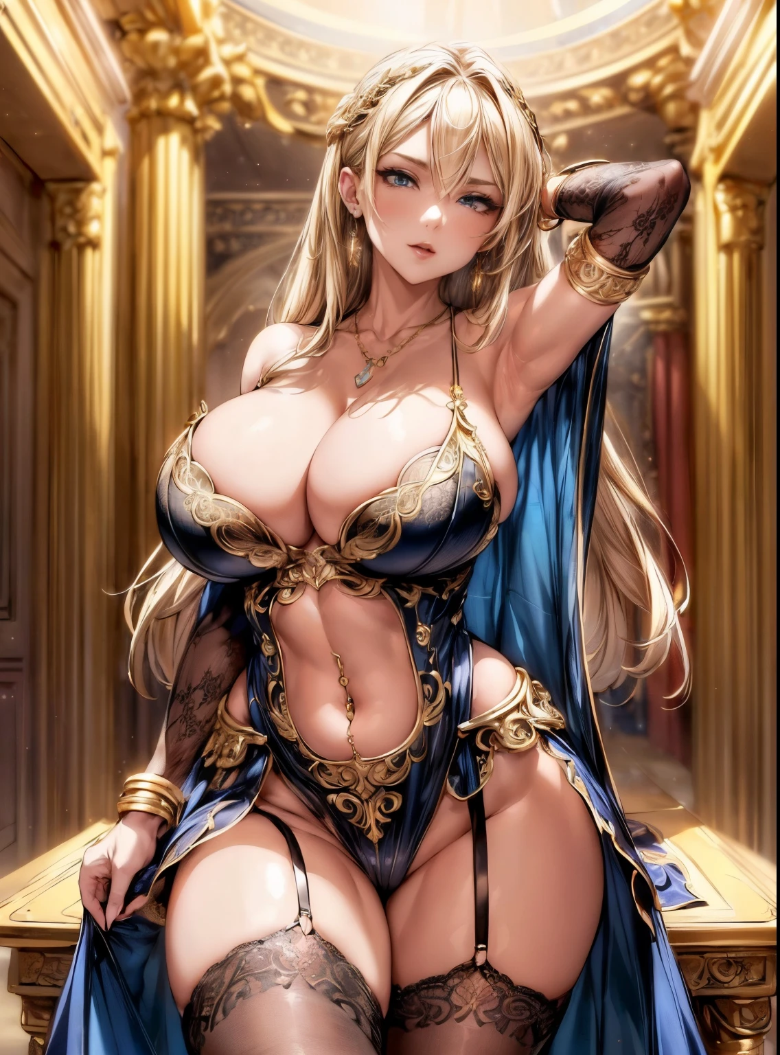 (Masterpiece), best quality, the beauty of a goddess, empress, blonde, medium hair, sexy woman, Lovely lighting, inside a castle private room, Exceptional costume design, charming, Artistic and memorable, Volumetric light accentuating the atmosphere. The colors are rich and contrasting. ((The image attractive and has a high visual impact)), (8k RAW photo), (highly detailed skin: 1.2), (exposed: 1.5), (exposed breasts: 1.5), (exposed back: 1.5), (exposed shoulders: 1.1), Cinematographer, white skin, ultra-detailed face, detailed eyes, (((wearing a revealing gold-black colored lace deep-v dress))), deep-v dress, collarbone, (((BARE SHOULDERS, BARE CLEAVAGE))), bare navel, (((navel piercing))), ((detached sleeves: 1)), earrings, slim body, slim waist, wide hips, (((wearing ornate pendants, bracelets))), ((she wearing a lowered cape that doesn't cover her shoulders)), ((focus on viewer)), striking a pose, dynamic pose, dynamic angle, (((big breasts: 1.2))), lace stockings: 0.8, ((sexy pose)), seductive expression, garter straps, armpit