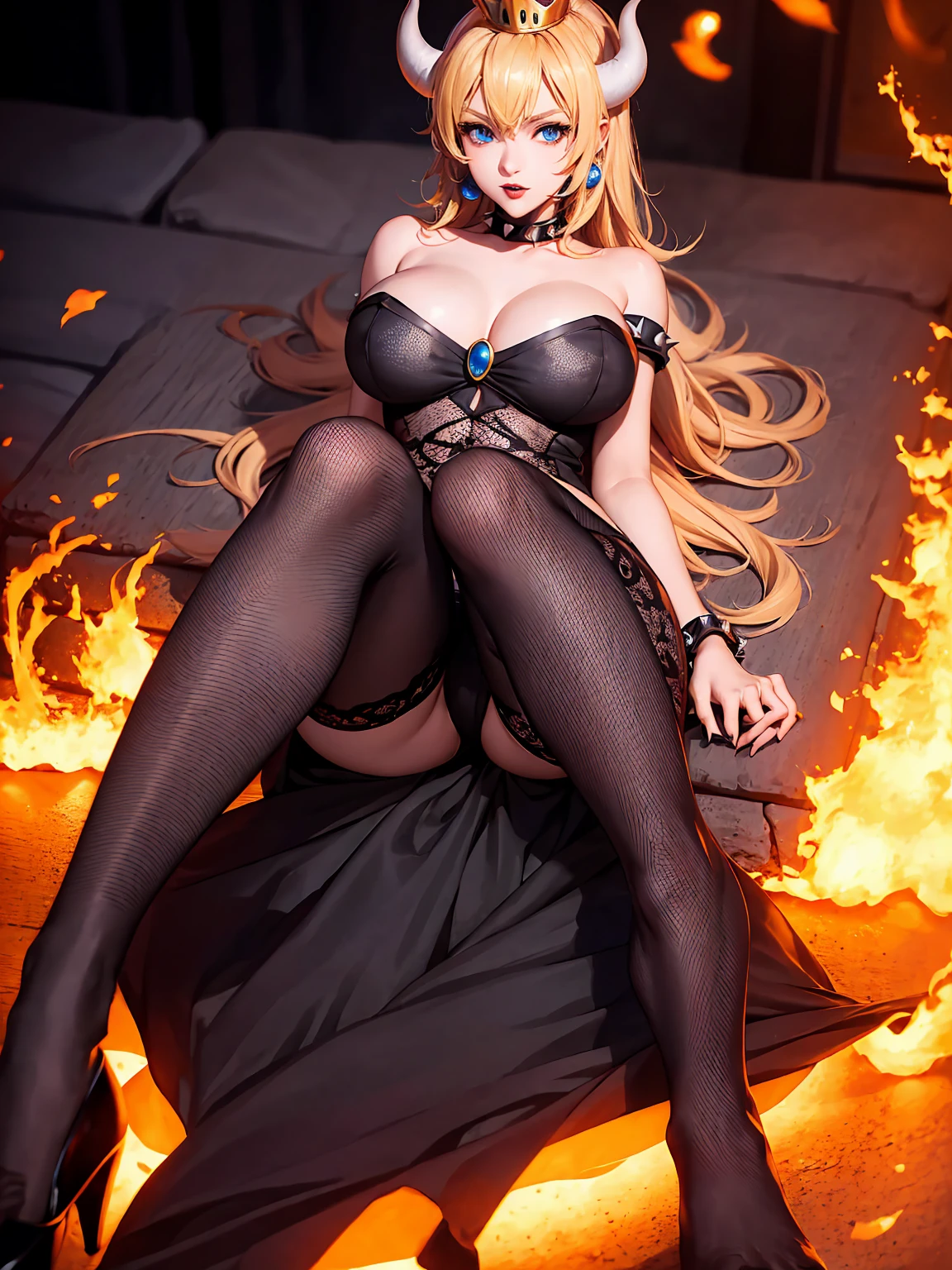 ((high detailed, best quality, 4k, masterpiece, hd:1.3)), ((best quality)), (((HD))), (((8k))), (ultraDH), (ultra HD), Princess Daisy, blue eyes, BREAK blue eyes, seductive, attractive, smooth anime cg art, 36C ???????, long legs, vivid colors, detailed digital art, slim body, perfect skin, dark blonde hair, long hair, blonde hair, blonde hair, BREAK crown, cleavage, 36C cleavage, looking at viewer, BREAK looking at viewer, extremely detailed face, red santa suit, red santa claus suit, santa claus suit, earrings, gem, dark black makeup lips, dark gothic eyeshadows, dark eyeshadows, black eyeshadows, black ???? lips, black lips, (dark:1.2), dark lips, very dark lips, (perfect hands, perfect ???????), black makeup, black medium lips, black thick lips, detailed fingers, five fingers per hand, 5 fingers, (1 girl), detailed lips, detailed black lips, black painted lips, gothic painted lips, BREAK night, night sky, (????????????), (arms outstreched:1.2), (from above:1.1), (??????? out:1.3), (off shoulder:1.1), (white horns), (lingerie), inside a lava castle, she inside a sea of lava, she bathing in lava, full body, perfect long legs, perfect foots, legs and foots into the lava,