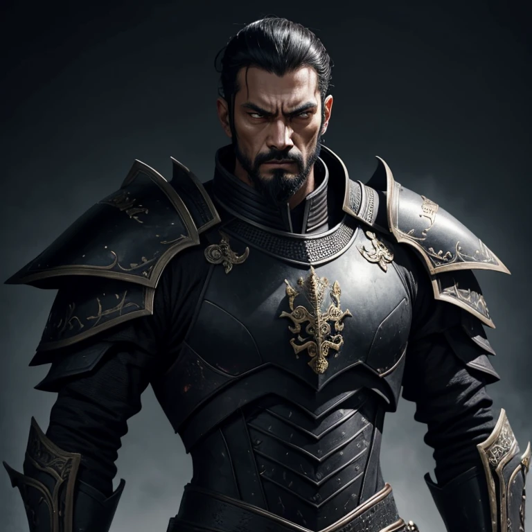 slim handsome emperor with a chiselled intimidating face wearing a black armor looking dead serious