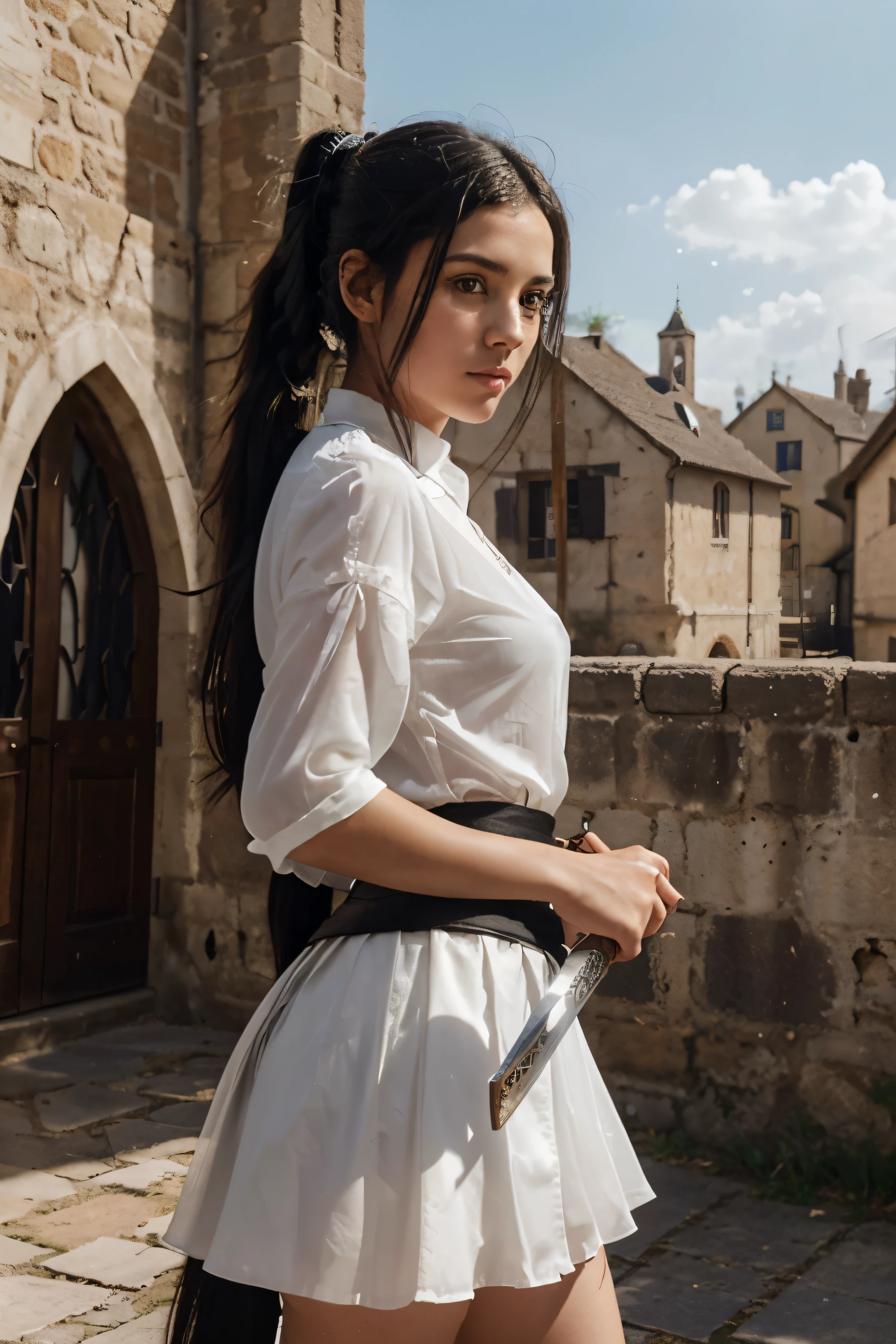 low level view of a cinematic scene of a young and beautiful black haired girl with long hair and a black ponytail wearing a translucent white skirt and blouse. a medieval town is in the background and she is holding a short sword in her right hand. she is backlite by the sun.