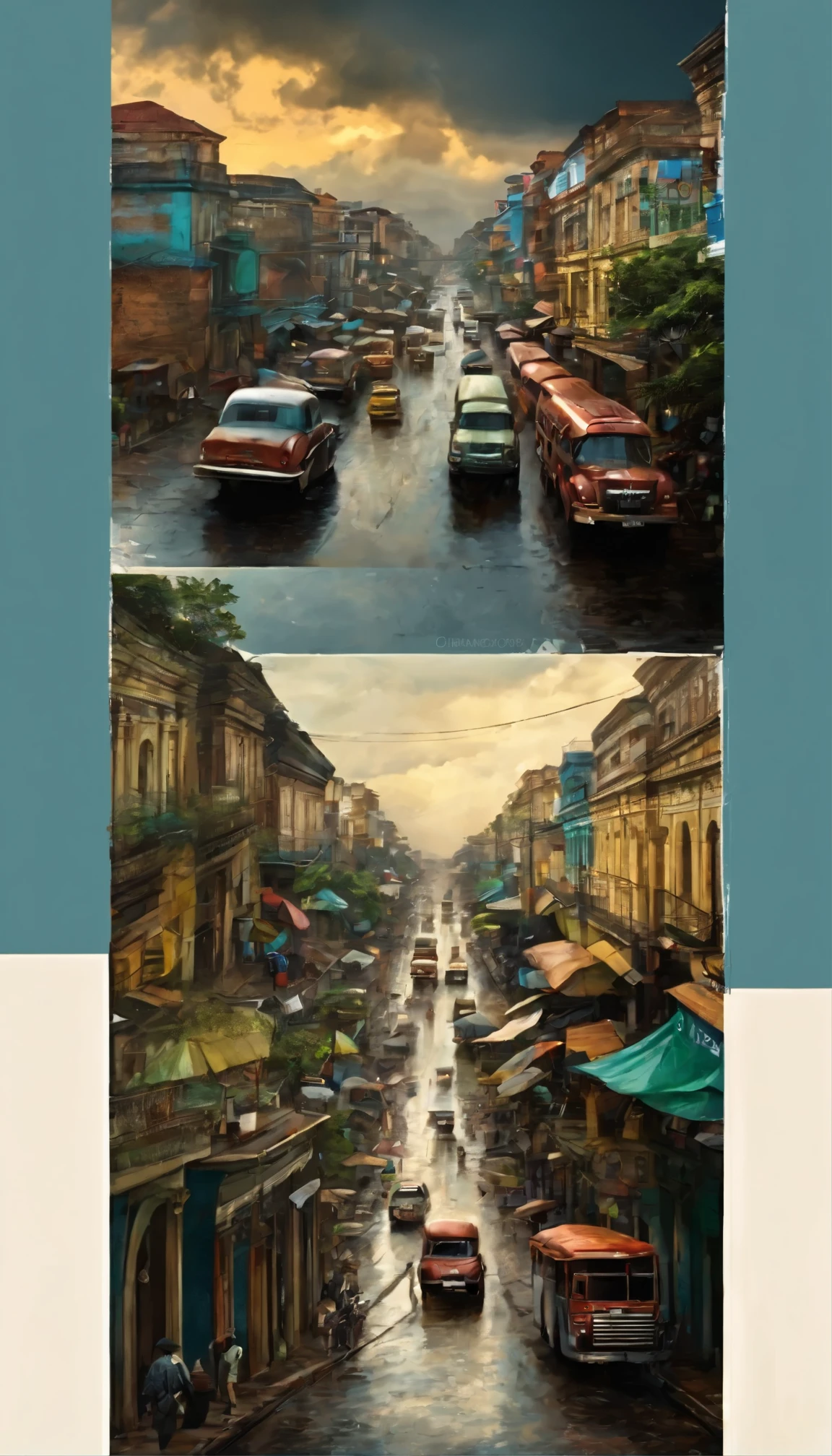 movie scene of a busy city of Manaus Amazonas street and rainy cloudy sky sky, trending on pixiv, magical realism, beautiful drama movie scene. 