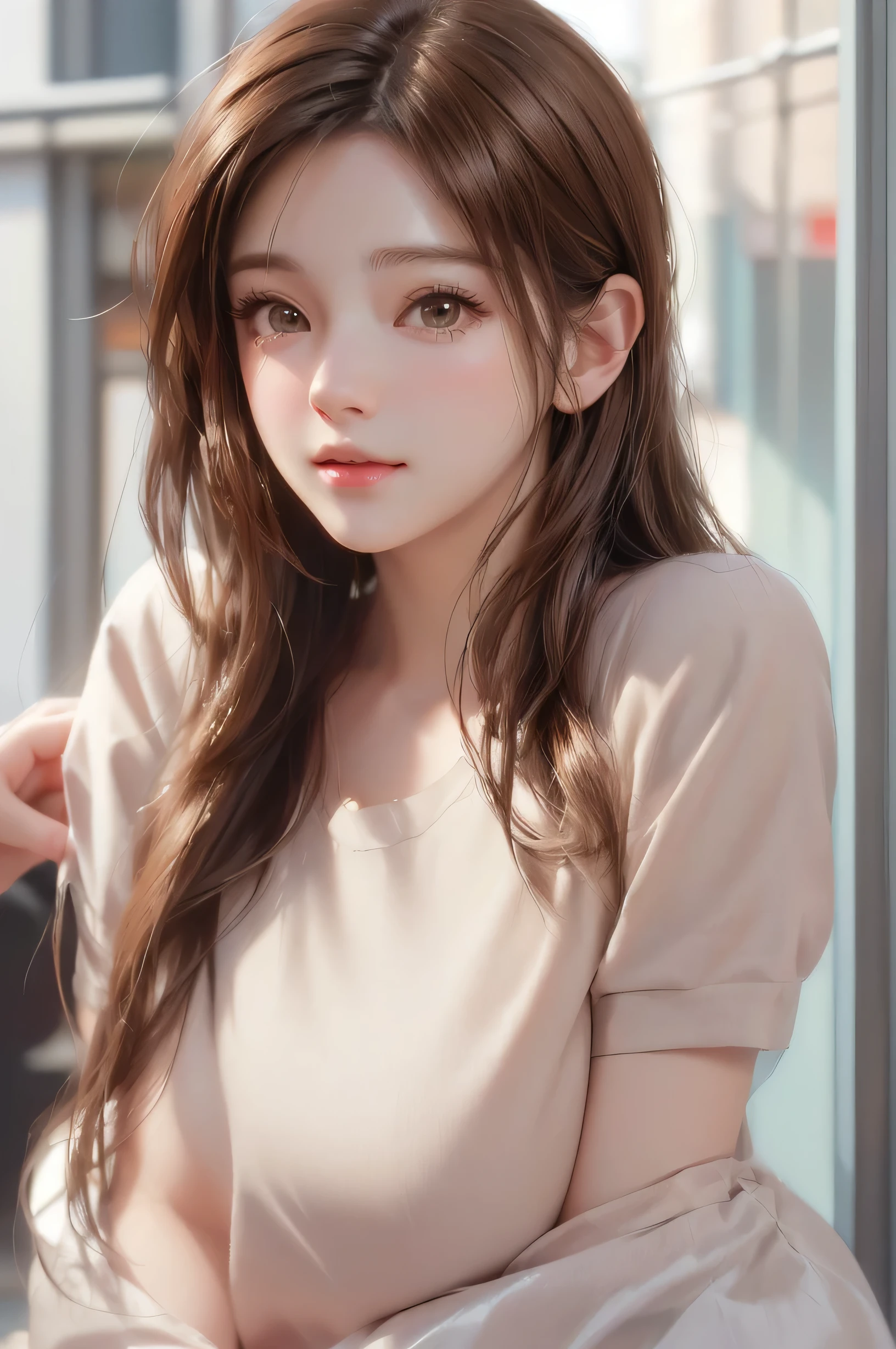 short hair、outdoor、daytime、bright、Close up portrait of a woman with brown hair and brown shirt。, cute realistic portrait, Realistic anime 3d style, Photorealistic anime girl rendering, realistic 3d animation, realistic art style, 8K portrait rendering, realistic cute girl drawing, realistic art style, Smooth anime CG art, anime realism style, realistic beautiful face, realistic young anime girl