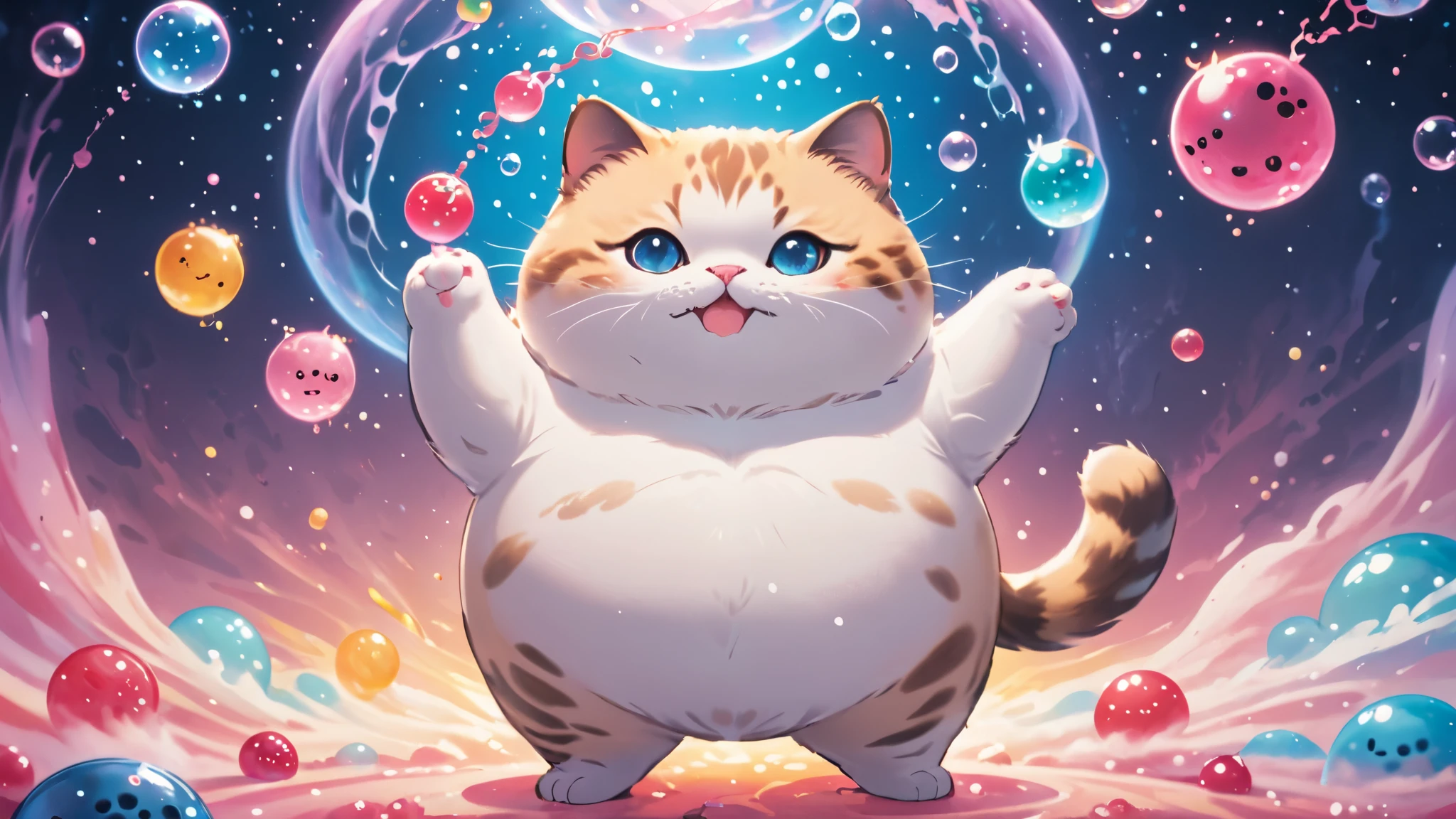 cosmic canvas,flawless, clean, masterpiece, professional artwork, famous artwork, painting of a chubby cat, dance pose, ( bubble tea background),