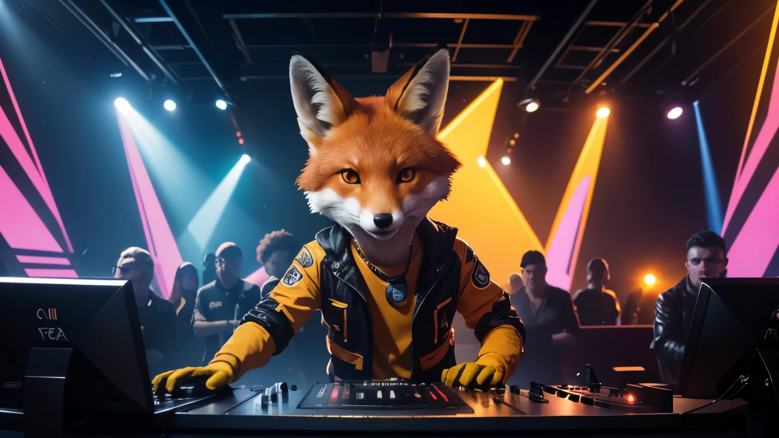 Photorealistic Production, Ultra-realistic image of an anthropomorphic fox DJ, Pelo vermelho brilhante cobrindo seu corpo, Slim Body Builds, bright amber eyes, Olhar divertido, (Cara de raposa sorridente, Mostrando seus dentes afiados), Wearing a modern and typical outfit from cyberpunk worlds, next to a dj pickup, dynamic pose, night dance club with neon and LED lights illuminating the environment, efeitos luminosos de leds, detalhes insanos, Detalhes intrincados da anatomia de raposa, intricate hand details, Cinematic filming and lighting, cores vibrantes e realistas, obra de arte, sharp focus, ultra detalhado, Taken with DSLR camera, Fotografia realista, profundidade de campo, Ambiente e cena incrivelmente realistas, Master Composition and Cinematography
