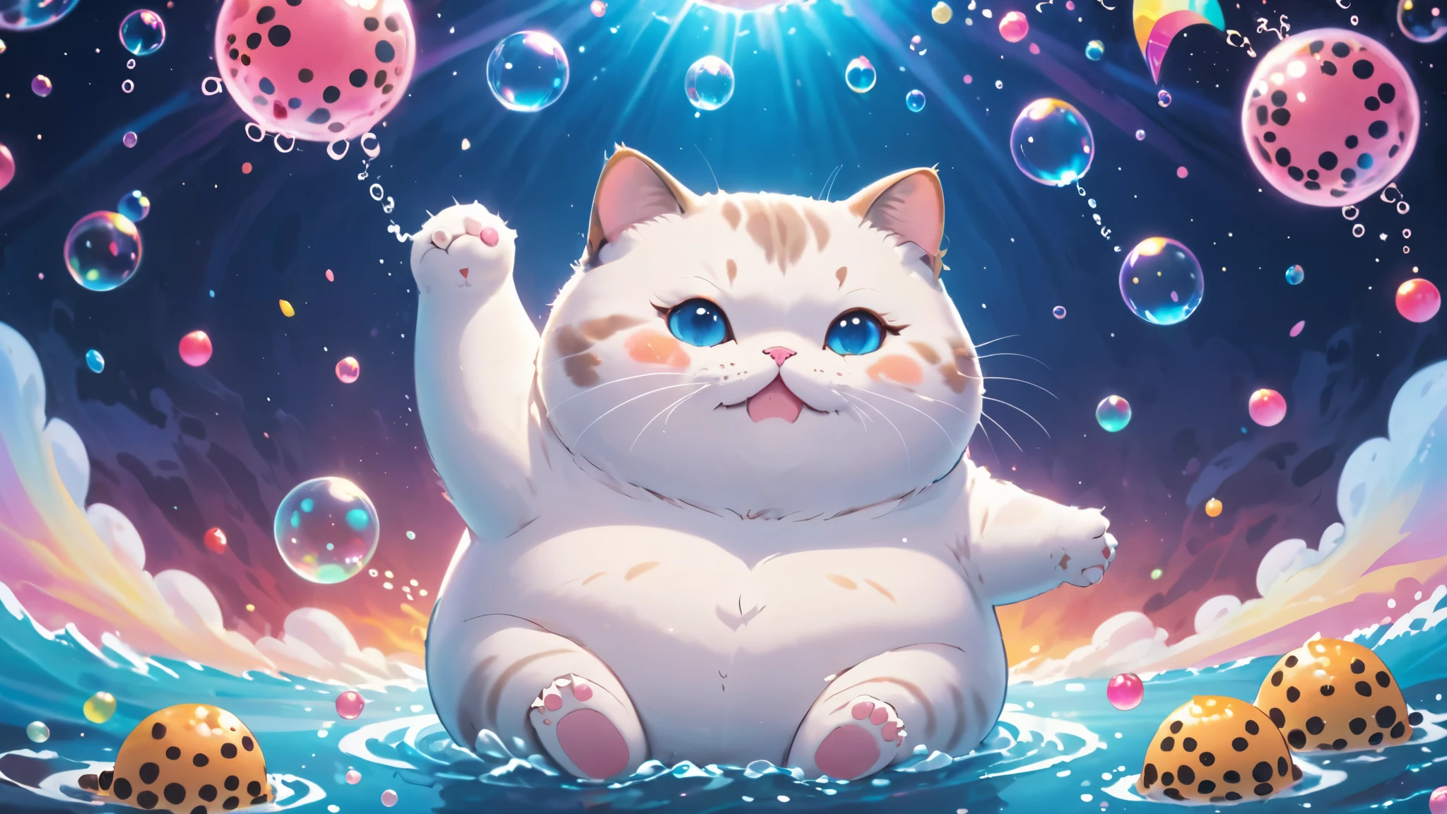 cosmic canvas,flawless, clean, masterpiece, professional artwork, famous artwork, painting of a chubby cat, swim pose, ( bubble tea background),  