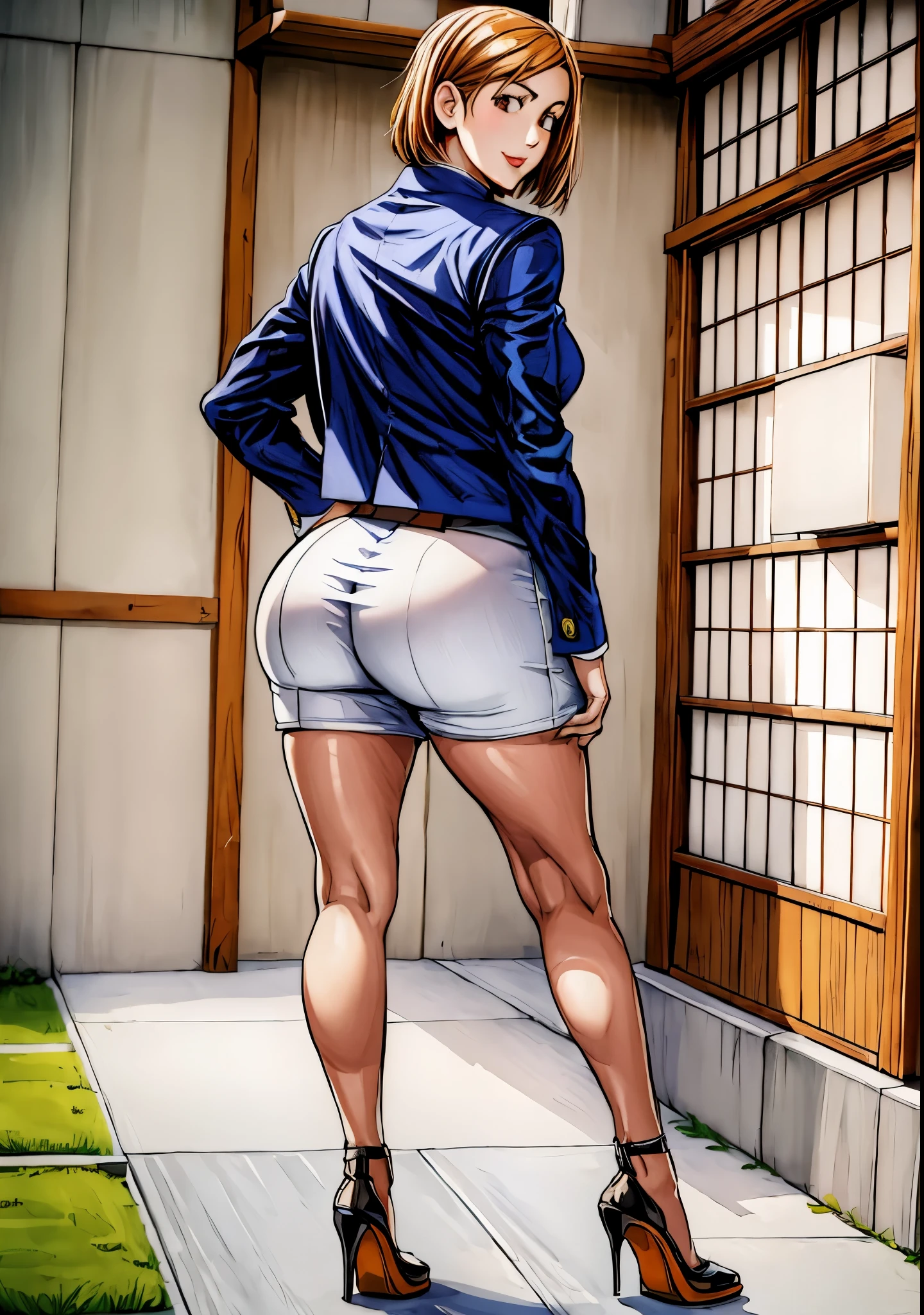 anime - style picture of a woman in high - waisted shorts and heels, cutesexyrobutts, thick thigs, beautiful anime girl squatting, bending over, thick thighs, thicc, oppai, giantess art, large thighs, thighs!!!, shapely derriere, thick legs, rear-shot, looking from behind, low view, best quality, masterprice, 1girl, (solo:1.1), raytracing, ultra detailed,detailed face, 8k wallpaper, large breasts, smile, wide hips, NobaraNDV, brown hair, brown eyes, jujuntsu uniform, standing, outdoor, street, detailed background, (ultra detailed:1.2), thicc body, red lips, gaze looking at the camera,