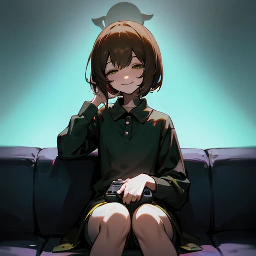 Chara from Undertale with a headset on her head holding a video game controller smiling sitting on a sofa