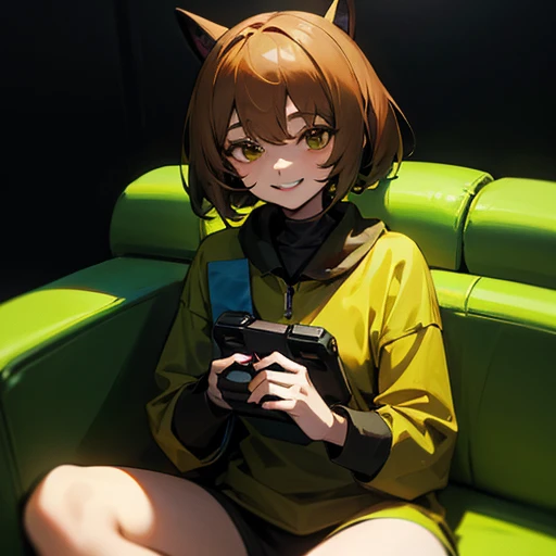 Chara from Undertale with a headset on her head holding a video game controller smiling sitting on a sofa