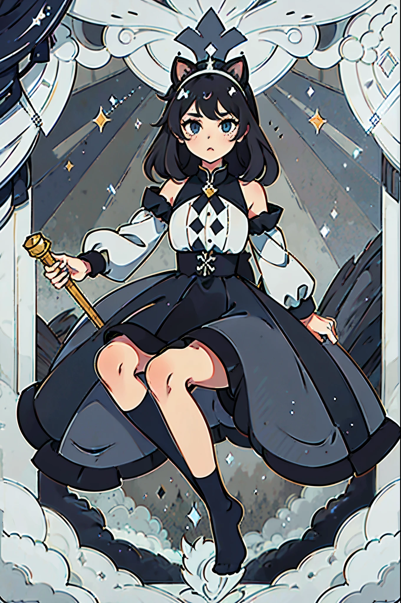 1 girl; very long, wavy black hair; a singular navy blue cat eye; cat ears and a puffy cat tail; wearing a black and white Lolita style dress and a tiara in her bare feet (no shoes or socks); wielding a black scepter adorned with a human eye at the top of it; high res; masterpiece; looking at viewer.