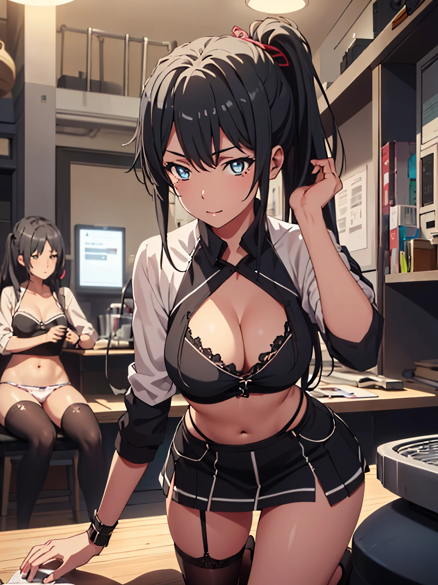 score_8_up, score_7_up, source_anime,1 girl, solo, hair_ponytail ribbon,Black hair, eyes blue, long hair, smile , Yukinoshita Yukino
BREAK (bare tummy, bare thighs, thick thighs, miniskirt very short, showing panty, kneeling:1.2)
BREAK (masterpiece:1.2), best quality, high resolution,NSW ,unity 8k wallpaper, (illustration:0.8), (beautiful detailed eyes:1.6), extremely detailed face, perfect lighting, extremely detailed CG, (perfect hands, perfect anatomy),