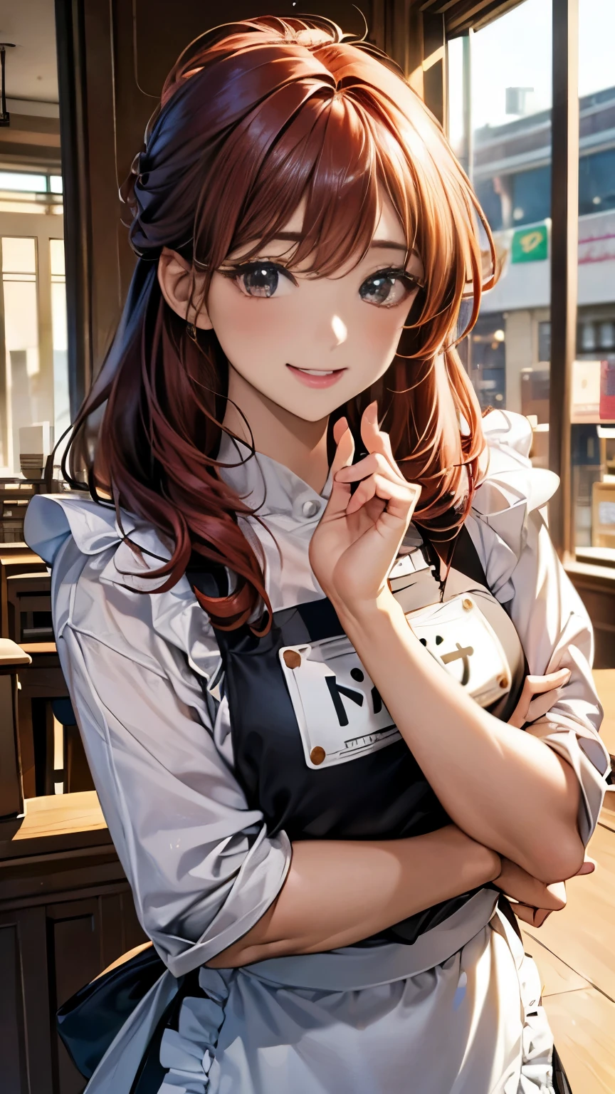 A breathtaking masterpiece、Captured in breathtaking 8K resolution、The portraits are exquisitely detailed and realistic.。The scene is bathed in HDR light.、Depicts a beautiful woman at a medium distance、((chignon:1.8、straight hair、red hair))、medium breasts、high school girl、(convenience store clerk、blouse、The apron is clean、Has the store logo。A name tag is attached to the chest、We welcome our customers with a bright smile。)、In a perfect contrapposto pose、Her hands were delicately placed on her head、Smiling amiably at the viewer。She exudes an aura of grace and charm.。