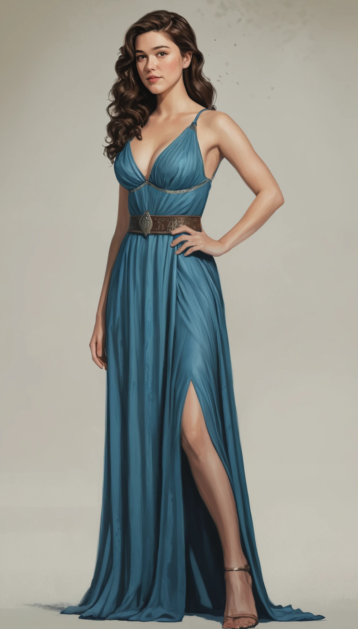 An illustrated movie poster, hand-drawn, full color, a Westerosi teen girl, wearing a long regal dress, resembles Mary Elizabeth Winstead, sun-tanned complexion, tall, athletic, hourglass figure, busty, cleavage, toned midriff, bottom-heavy, generous hips, massive bubble-butt, ridiculously thick powerful thighs, dark hair, long hair, waist-length hair, posing on a pedestal, hard shadows, graphite shading, stencil marks, airbrushed acrylic paint, masterpiece, in the style of Game of Thrones 