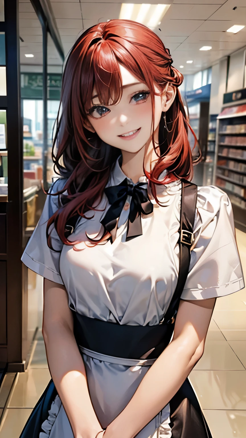 A breathtaking masterpiece、Captured in breathtaking 8K resolution、The portraits are exquisitely detailed and realistic.。The scene is bathed in HDR light.、Depicts a beautiful woman at a medium distance、((chignon:1.8、straight hair、red hair))、medium breasts、high school girl、(convenience store clerk、blouse、The apron is clean、Has the store logo。A name tag is attached to the chest、We welcome our customers with a bright smile。)、In a perfect contrapposto pose、Her hands were delicately placed on her head、Smiling amiably at the viewer。She exudes an aura of grace and charm.。