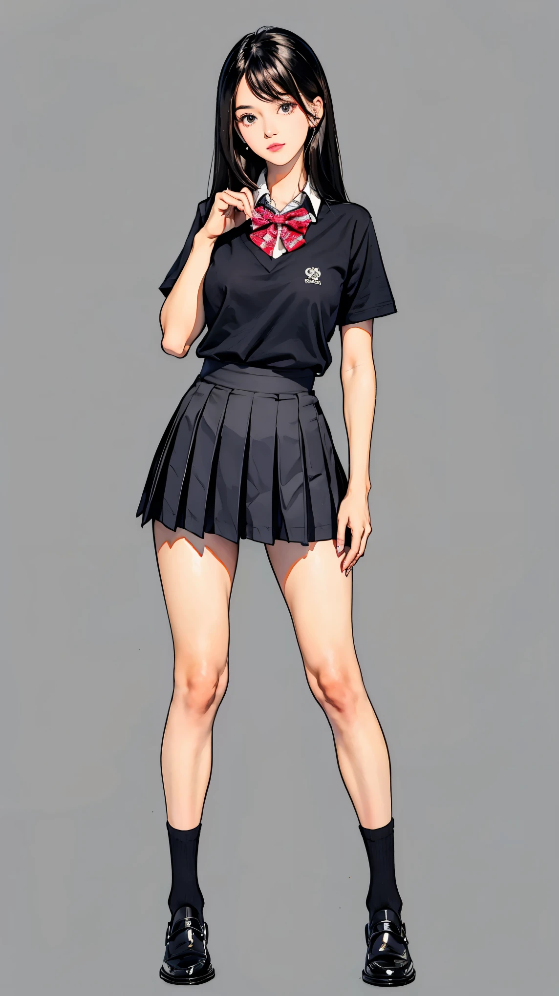 ((best quality,4k,highres,masterpiece:1.2)),((character concept art)), 1 female, teenage female, -yeld As beauty queen, ((black shoulder-length hair)), black hair, (fair skin colour), ultra finely detailed eyes (black eyes colour), innocent, beautiful, , slim body build, ((intricate detail)), super finely detailed hands, ultra finely detailed fingers(((ten fingers))), wearing white short sleeves school shirt with bowtie, gray school skirt, knee-length school socks, and black school loafers, (standing casually), (full body showcase), (show full body), (no logos on background), (no logo), ((plain background)), ((plain background)), (((empty background)))