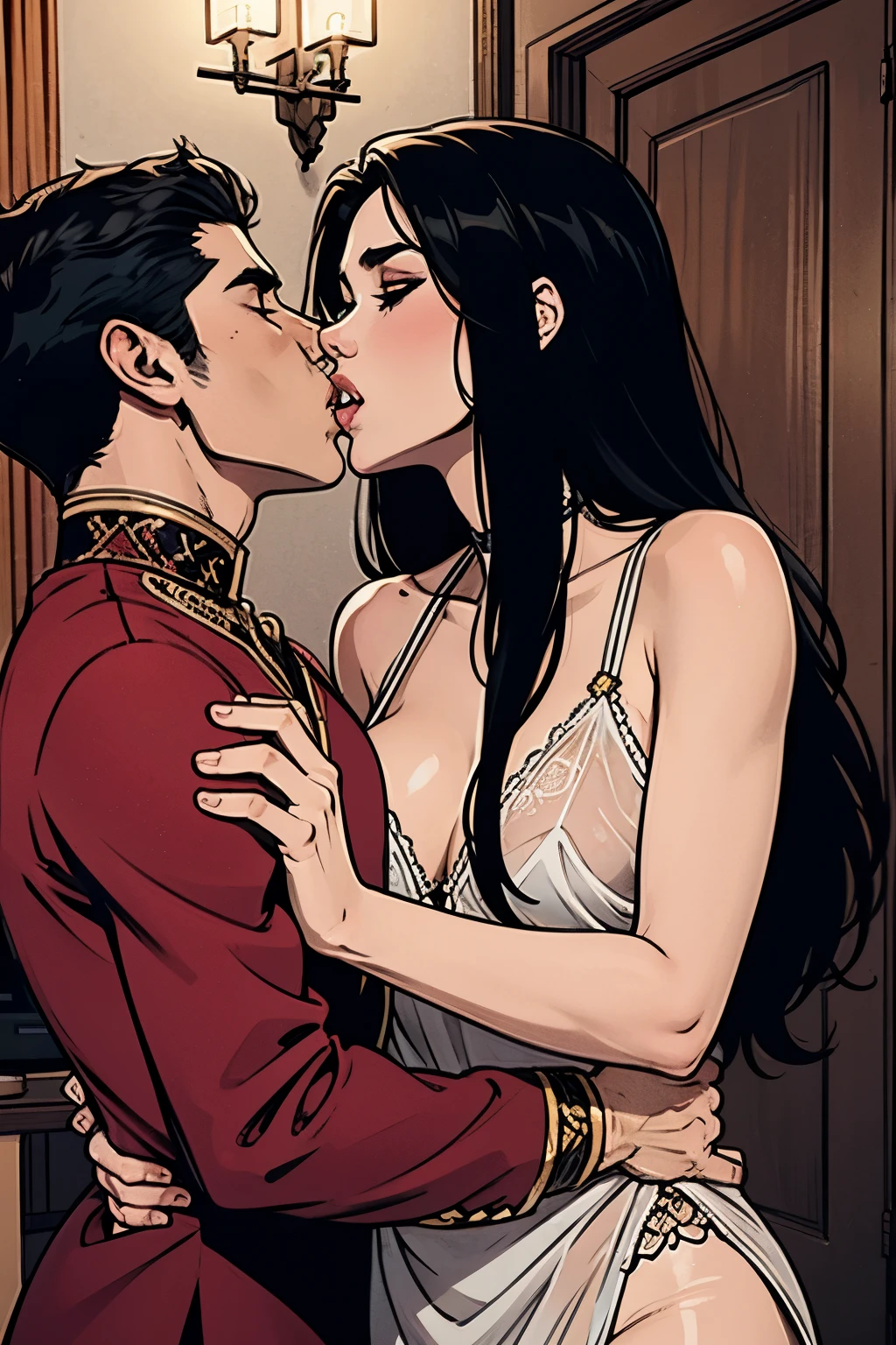 Shirtless boy kissing and making out passionately with a sexy woman with long straight black hair wearing sheer maroon kurta with black embroidery