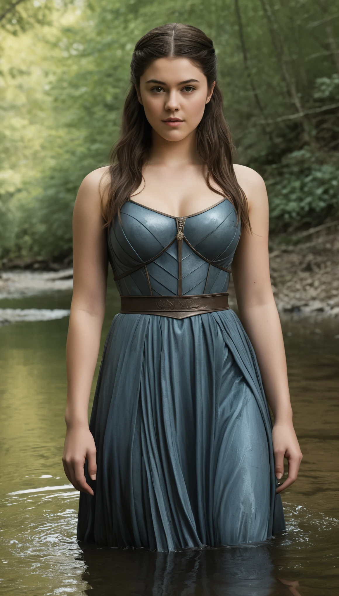 An illustrated movie poster, hand-drawn, full color, a Westerosi teen girl, wearing a long regal dress, resembles Mary Elizabeth Winstead, sun-tanned complexion, tall, athletic, hourglass figure, toned midriff, bottom-heavy, generous hips, massive bubble-butt, ridiculously thick powerful thighs, dark hair, long hair, waist-length hair, posing in a creek, hard shadows, graphite shading, stencil marks, airbrushed acrylic paint, masterpiece, in the style of Game of Thrones