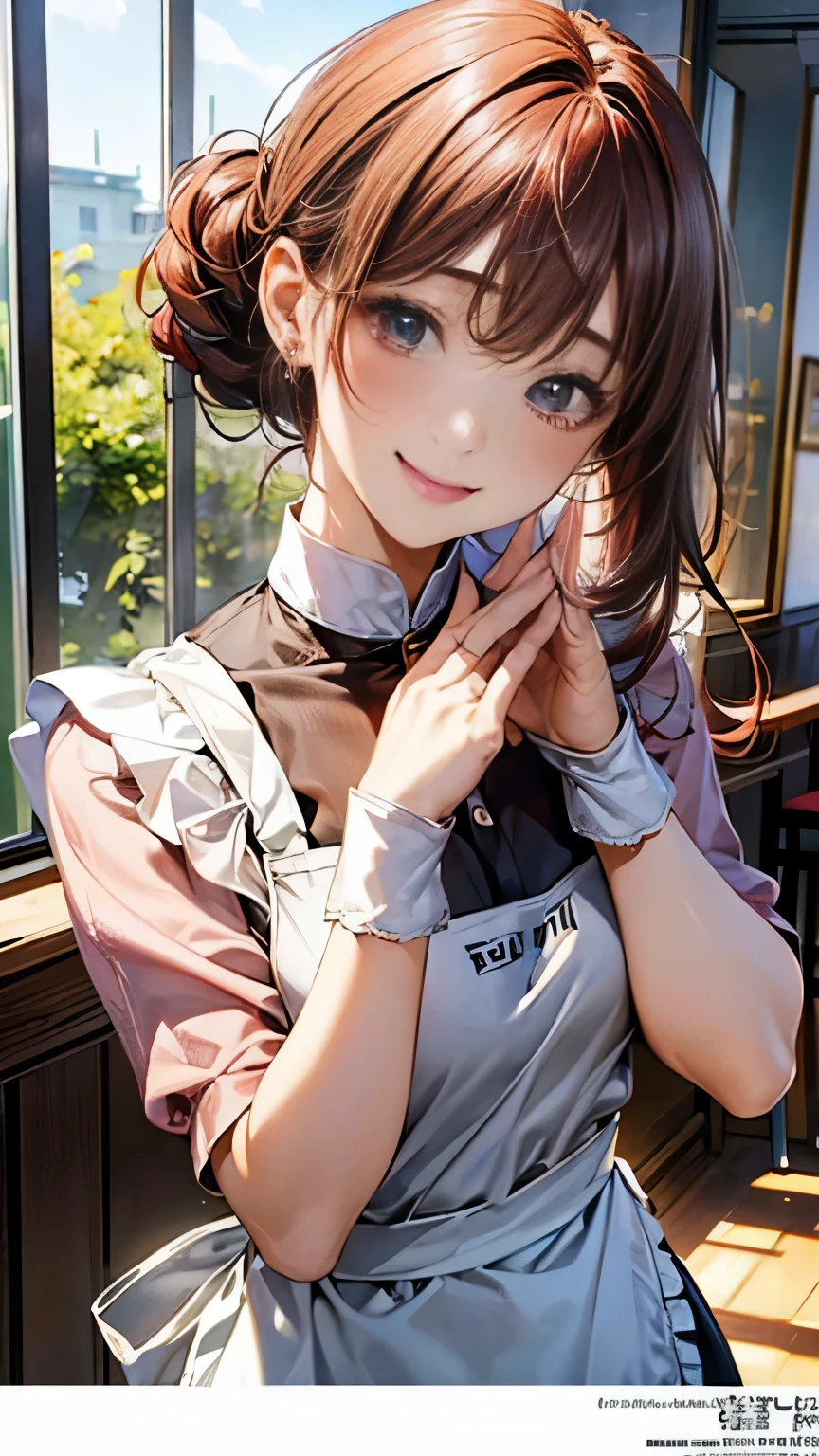 A breathtaking masterpiece、Captured in breathtaking 8K resolution、The portraits are exquisitely detailed and realistic.。The scene is bathed in HDR light.、Depicts a beautiful woman at a medium distance、((chignon:1.8、straight hair、red hair))、medium breasts、high school girl、(Cafe:1.4)、((blouse、The apron is clean、Has the store logo。A name tag is attached to the chest、We welcome our customers with a bright smile。))、In a perfect contrapposto pose、Her hands were delicately placed on her head、Smiling amiably at the viewer。She exudes an aura of grace and charm.。