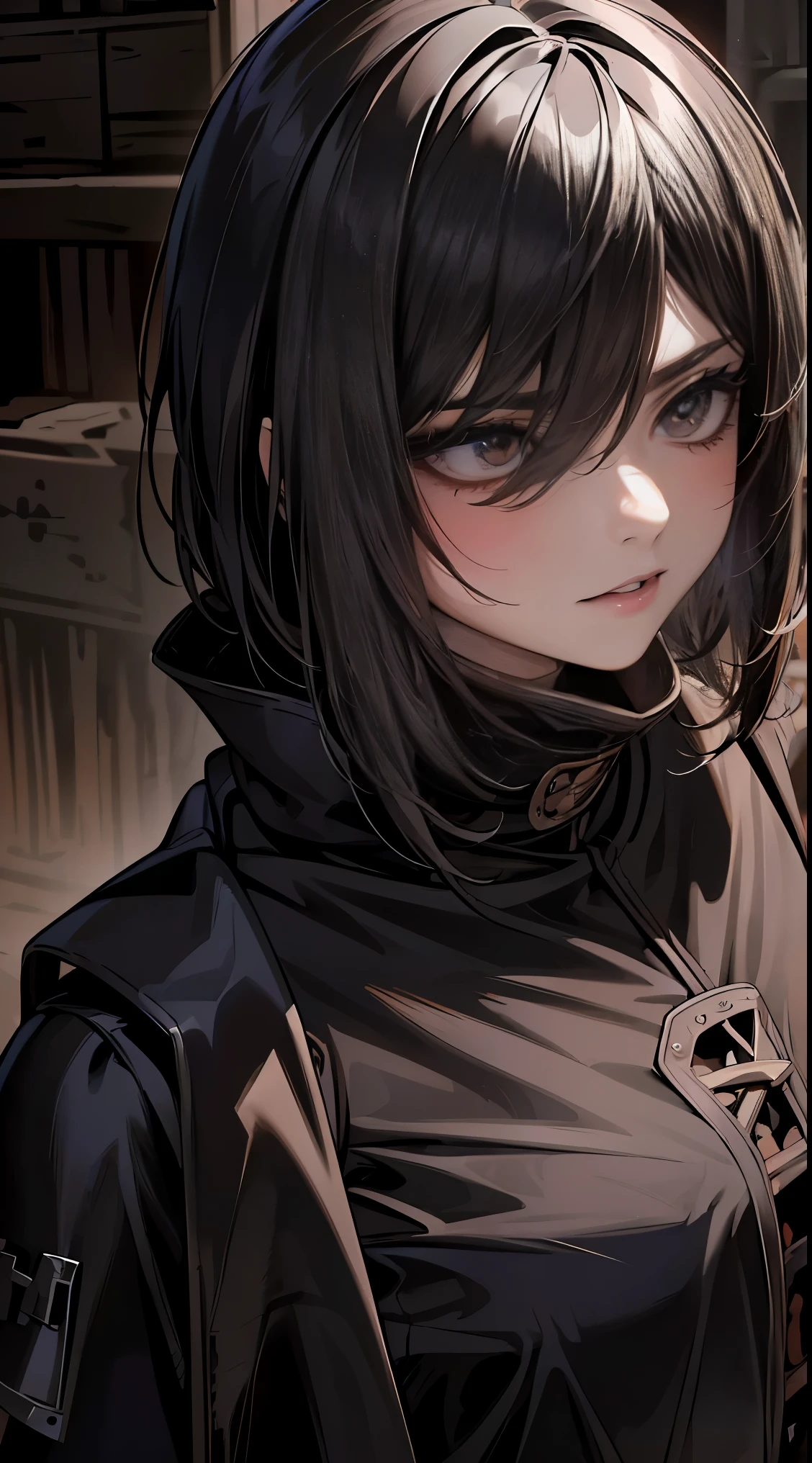 Dark Goth Emo Female Knight, push down, cloudy霧霧設定, Huge, Desolate Field, distant castle, black eyeliner, black eyeshadow, tomboy, short hair, hair between eyes, side lock, Finely crafted medieval knight&#39;s armour, tight waist, wide hips, ((cloudy:1.6))