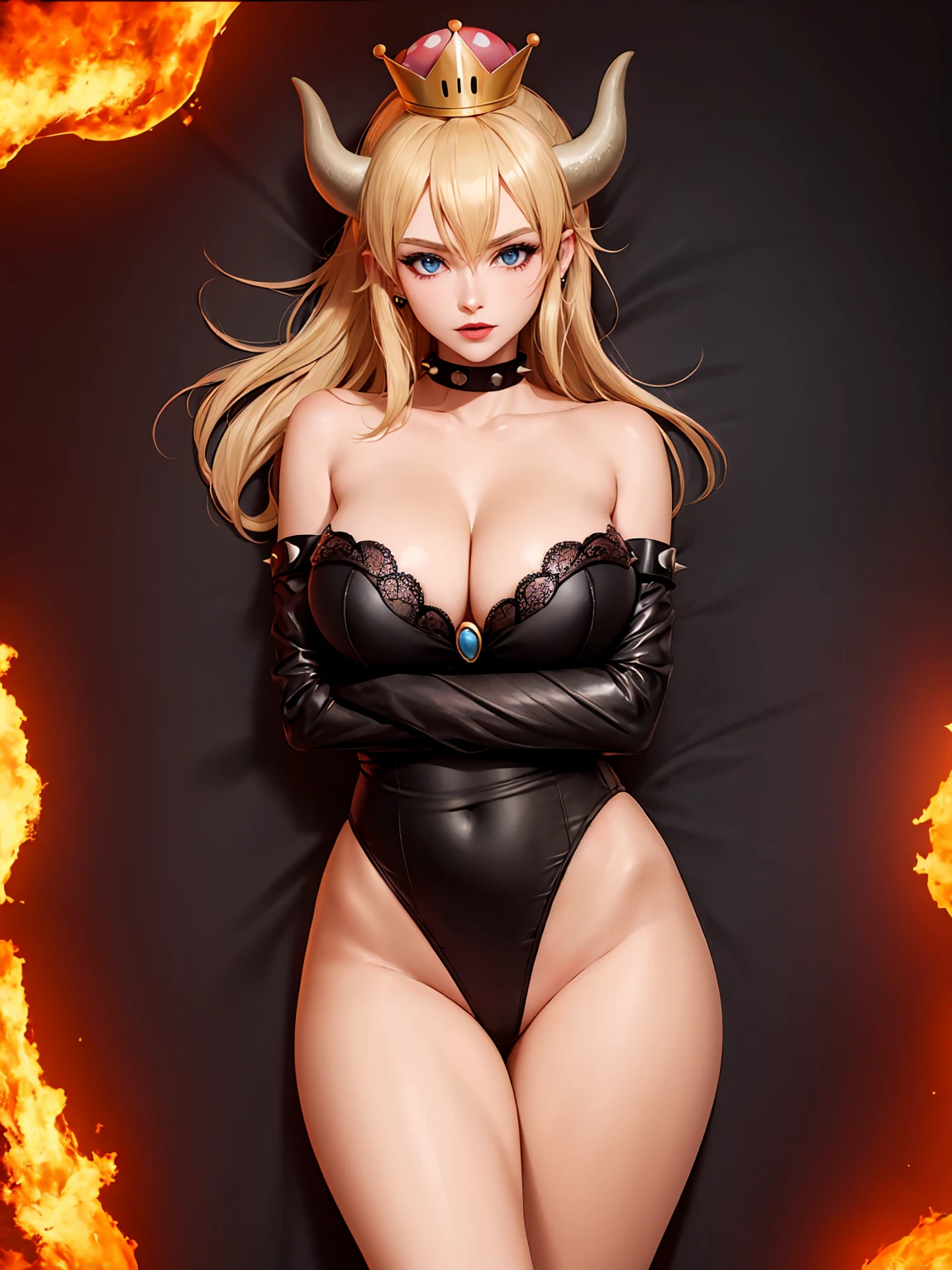 ((high detailed, best quality, 4k, masterpiece, hd:1.3)), ((best quality)), (((HD))), (((8k))), (ultraDH), (ultra HD), Princess Daisy, blue eyes, BREAK blue eyes, seductive, attractive, smooth anime cg art, 36C breasts, long legs, vivid colors, detailed digital art, slim body, perfect skin, dark blonde hair, long hair, blonde hair, blonde hair, BREAK crown, cleavage, 36C cleavage, looking at viewer, BREAK looking at viewer, extremely detailed face, red santa suit, red santa claus suit, santa claus suit, earrings, gem, dark black makeup lips, dark gothic eyeshadows, dark eyeshadows, black eyeshadows, black sexy lips, black lips, (dark:1.2), dark lips, very dark lips, (perfect hands, perfect anatomy), black makeup, black medium lips, black thick lips, detailed fingers, five fingers per hand, 5 fingers, (1 girl), detailed lips, detailed black lips, black painted lips, gothic painted lips, BREAK night, night sky, (breast focus), (arms outstreched:1.2), (from above:1.1), (breasts out:1.3), (off shoulder:1.1), (white horns), (bra), inside a lava castle, she inside a sea of lava, she bathing in lava,