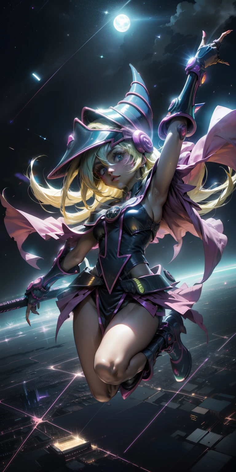 Mujer preciosa dark magician girl ( neon cyberpunk ), The neon sings, neon lighting, RTX chica maga oscura iluminando volando en el aire. Encima de la ciudad a media noches. Luna llena. Cielos de estrellas. Mago oscuro volando
