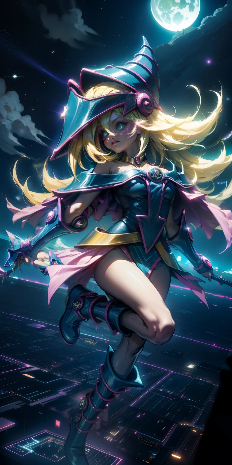 Mujer preciosa dark magician girl ( neon cyberpunk ), The neon sings, neon lighting, RTX chica maga oscura iluminando volando en el aire. Encima de la ciudad a media noches. Luna llena. Cielos de estrellas. Mago oscuro volando