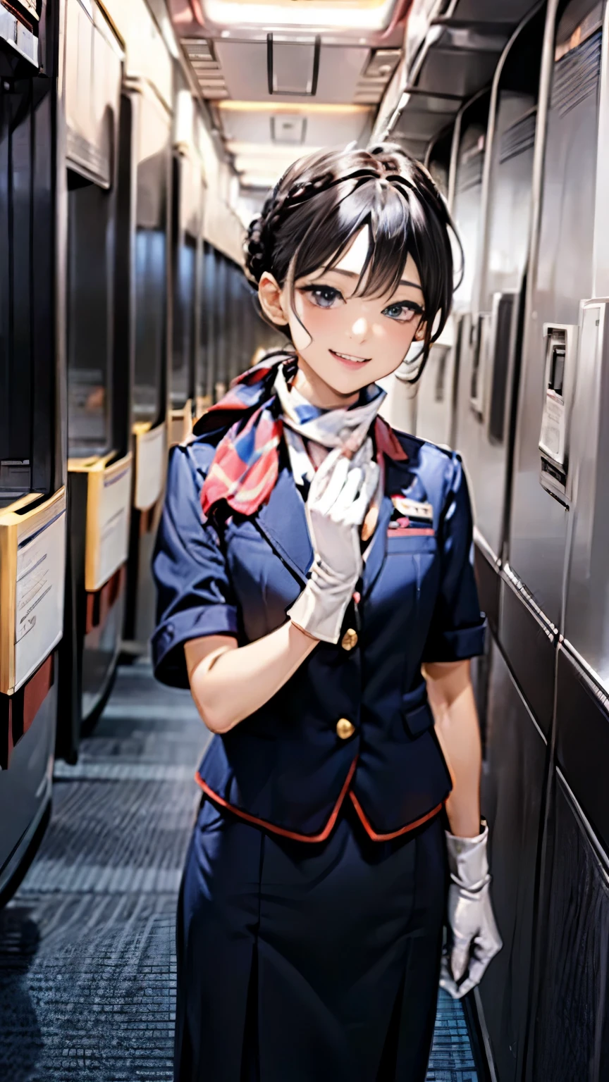 A breathtaking masterpiece、Filmed in stunning 8K resolution、This portrait is exquisitely painted.、that'real.。The scene is bathed in HDR light...、that depicts a beautiful woman in the middle distance.、(chignon:1.6、straight hair、black hair)、medium breasts、((flight attendant、uniform、scarf、have、name tag、smile、make、hairstyle、uniformのボタン、uniformのジャケット、Pants or skirt、uniformのベスト、berry shoes、gloves、Airplane emblem、earphone、uniformのパッチ、uniformのエプロン))、In a perfect contrapposto pose、Her hands were placed gently on her head、Smiling kindly at the audience。She exudes an aura of grace and charm...。