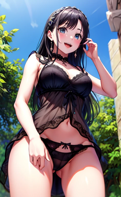 highest quality, masterpiece, from below, Girl with long black hair, White sleeveless short dress with black lace on the chest, looking at the viewer, panties, garden, enchanting smile, open your mouth,
