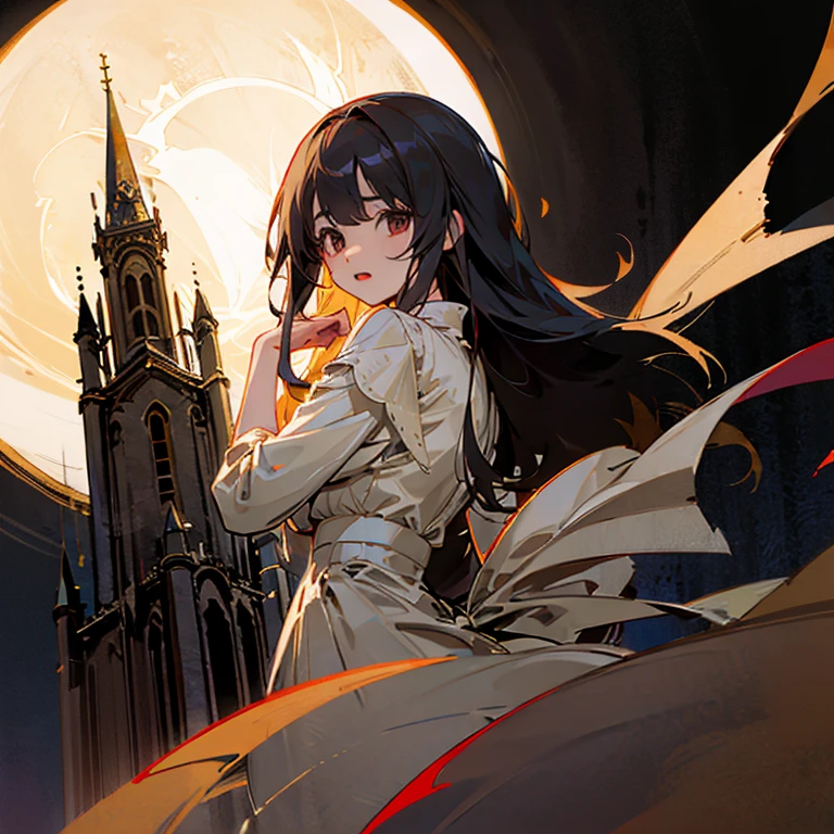 Chica vampiro, cabello largo negro, lacio, ojos rojos vestido victoriano color beige blanco y negro, with one look it would be, de noche a la luz de la luna, y un castillo 