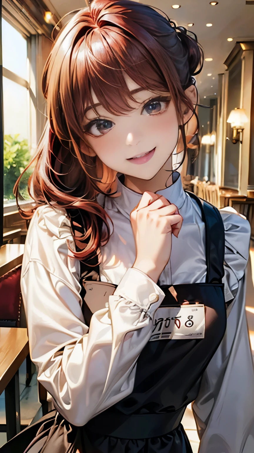 A breathtaking masterpiece、Captured in breathtaking 8K resolution、The portraits are exquisitely detailed and realistic.。The scene is bathed in HDR light.、Depicts a beautiful woman at a medium distance、((chignon:1.8、straight hair、red hair:1.4))、medium breasts、high school girl、(Cafe:1.4)、((blouse、The apron is clean、Has the store logo。A name tag is attached to the chest、We welcome our customers with a bright smile。))、In a perfect contrapposto pose、Her hands were delicately placed on her head、Smiling amiably at the viewer。She exudes an aura of grace and charm.。