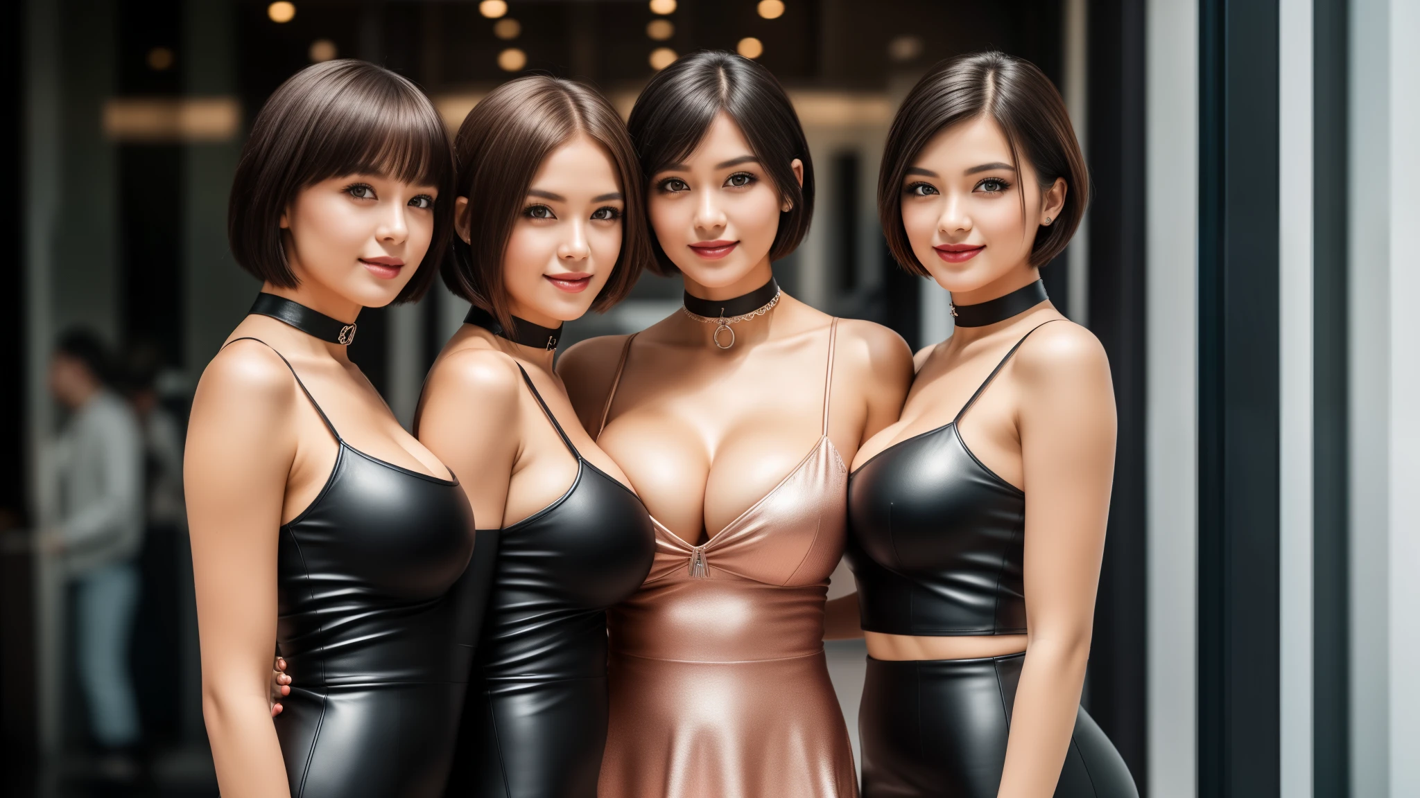 three girls, masterpiece,best qualtiy,hdr, hyper HD, 8K,Bokeh,Ultra-fine painting,Sharp focus,Physically-based rendering,Extreme detail description,portraitures,full-body photo,looking at viewer, (big breasts:1.3), very short dress, sexy smile, Leather, choker, (kissing:1.2), (long wolf_cut hair), (EOS R8, 50 millimeters, F1.2, 8K, RAW photo:1.2), photograph by arny freytag