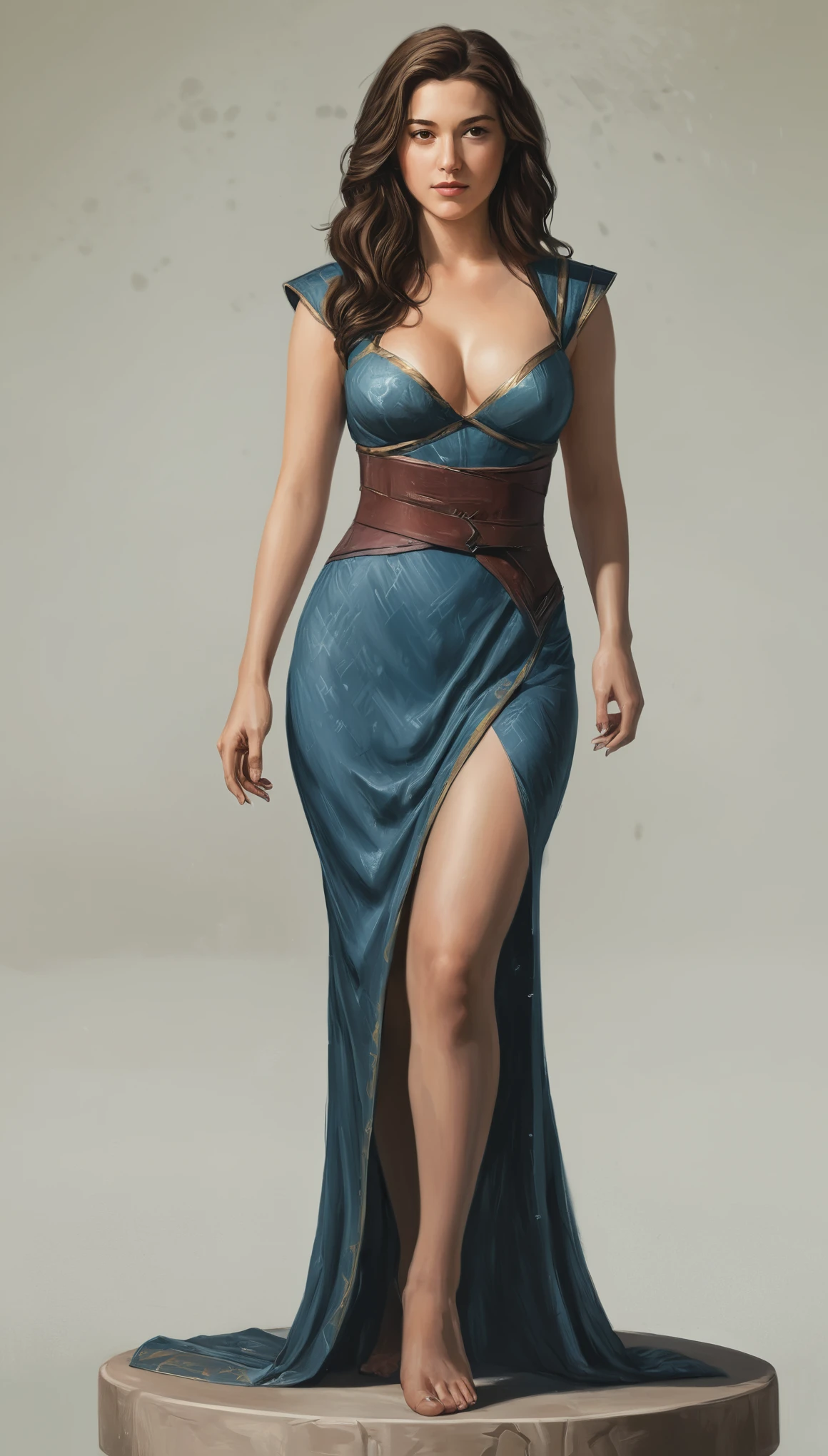 An illustrated movie poster, hand-drawn, full color, a Westerosi teen girl, wearing a long regal dress, resembles Mary Elizabeth Winstead, sun-tanned complexion, tall, athletic, hourglass figure, busty, cleavage, toned midriff, bottom-heavy, generous hips, massive bubble-butt, ridiculously thick powerful thighs, dark hair, long hair, waist-length hair, posing on a pedestal, hard shadows, graphite shading, stencil marks, airbrushed acrylic paint, masterpiece, in the style of Game of Thrones 