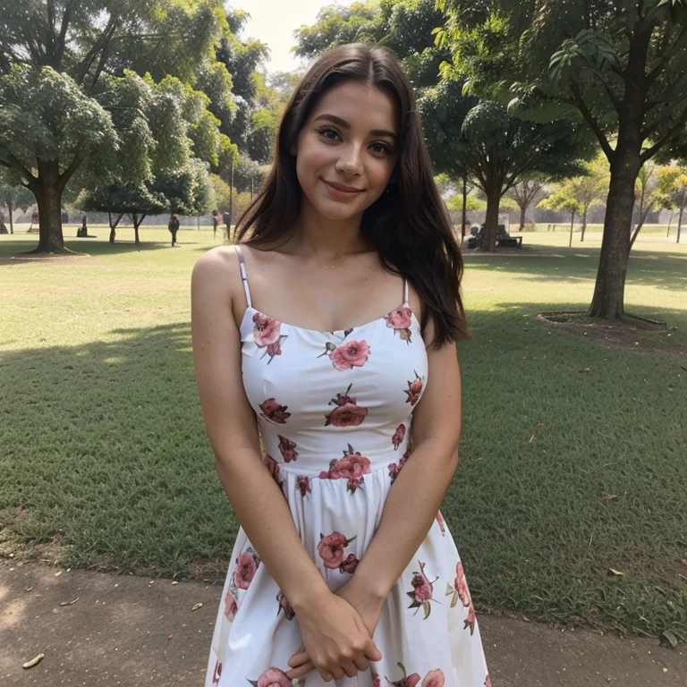 Selfie, em um parque, usando vestido solto, feliz, comno rosto levemente virado para o lado.