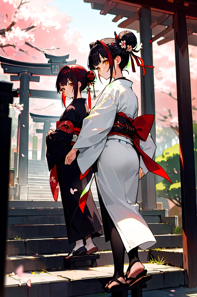 ((masterpiece,best quality)),2girls, black kimono, black legwear, black ribbon, black hair, cherry blossoms, day, flower, hair bun, hair ribbon, japanese clothes, kimono, long hair, looking at viewer, looking back, multiple girls, obi, outdoors, red eyes, red hair, ribbon, sandals, single hair bun, stairs, standing, statue, torii, tree, white kimono, yellow eyes