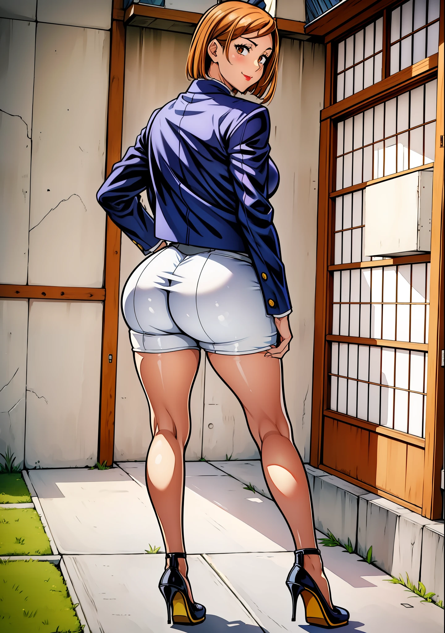 anime - style picture of a woman in high - waisted shorts and heels, cutesexyrobutts, thick thigs, beautiful anime girl squatting, bending over, thick thighs, thicc, oppai, giantess art, large thighs, thighs!!!, shapely derriere, thick legs, rear-shot, looking from behind, low view, best quality, masterprice, 1girl, (solo:1.1), raytracing, ultra detailed,detailed face, 8k wallpaper, large breasts, smile, wide hips, NobaraNDV, brown hair, brown eyes, jujuntsu uniform, standing, outdoor, street, detailed background, (ultra detailed:1.2), thicc body, red lips, gaze looking at the camera,