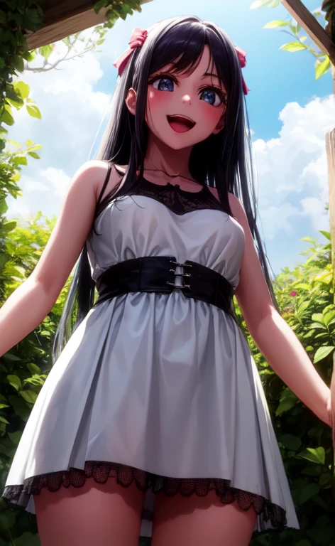 highest quality, masterpiece, from below, Girl with long black hair, White sleeveless short dress with black lace on the chest, looking at the viewer, panties, garden, enchanting smile, open your mouth,