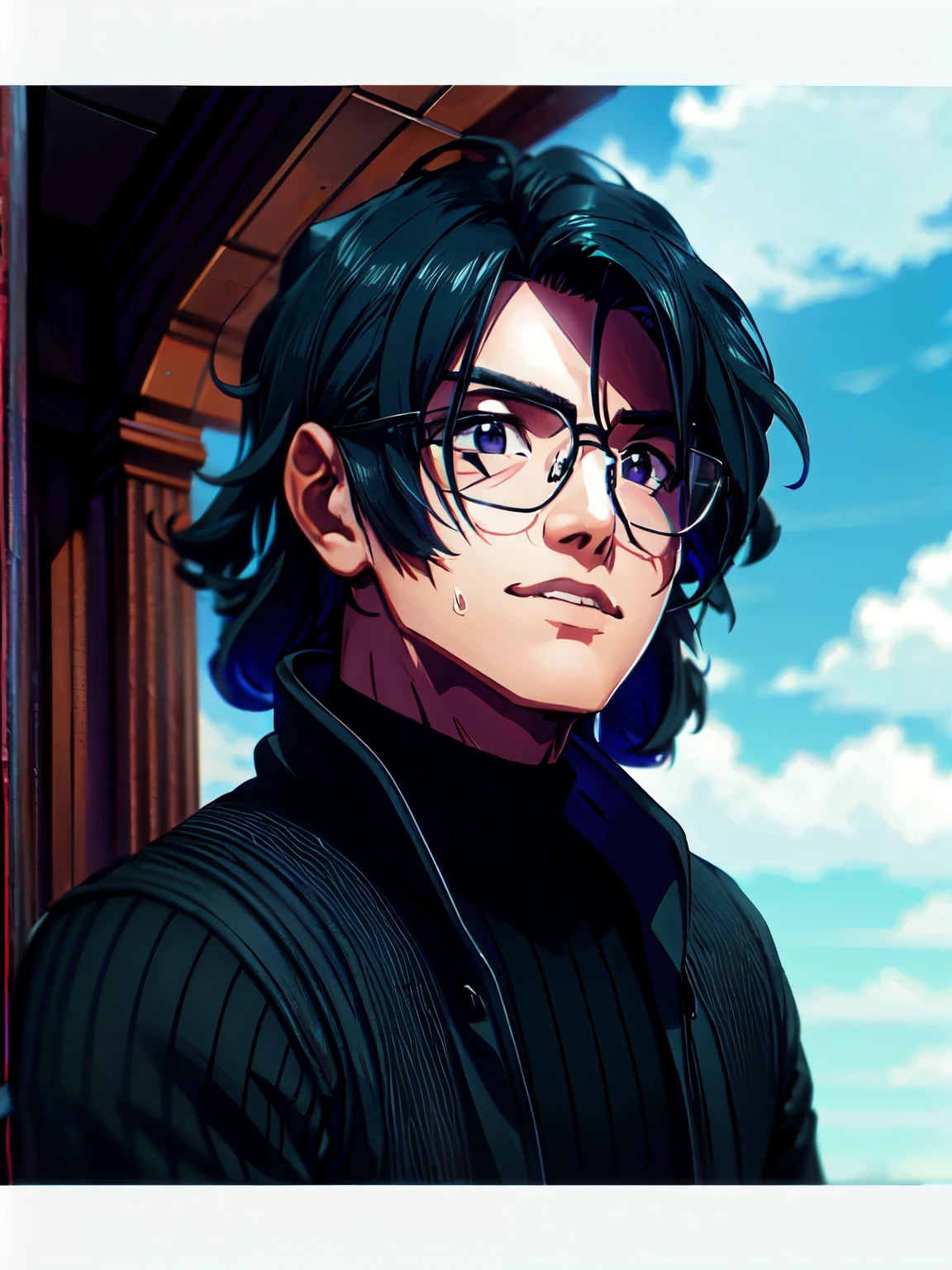 There are two photos of a man with glasses in a black turtleneck with a black dress shirt and an overcoat, André Rios, Christian Orrillo, headshot imagem de perfilture, taken at the beginning of 2020, vitor maristane, foto de perfil, imagem de perfil, half body head shot, ele tem cabelo castanho curto e encaracolado, cerca de 20 anos, androgynous person