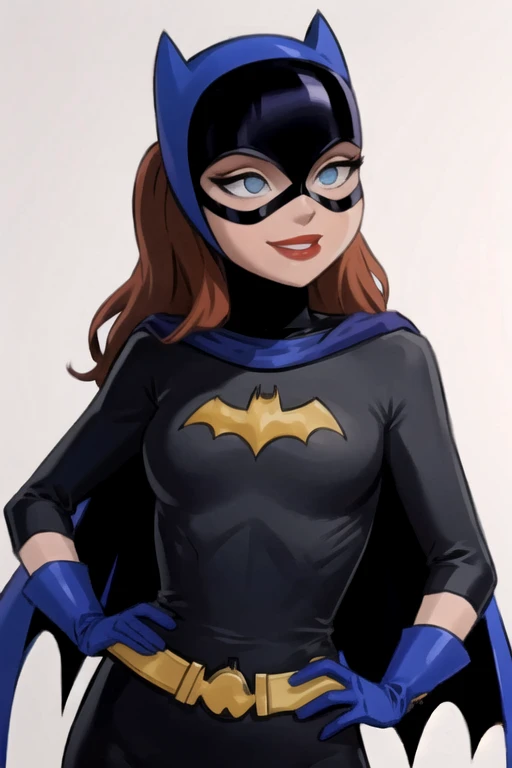 (best-quality:0.8), perfect anime illustration, babs, 1girl, solo, long hair, smile, blue eyes, bedroom, gloves, belt, blue cape, lips, bodysuit, makeup, mask, lipstick, hands on hips, red lips, superhero, 