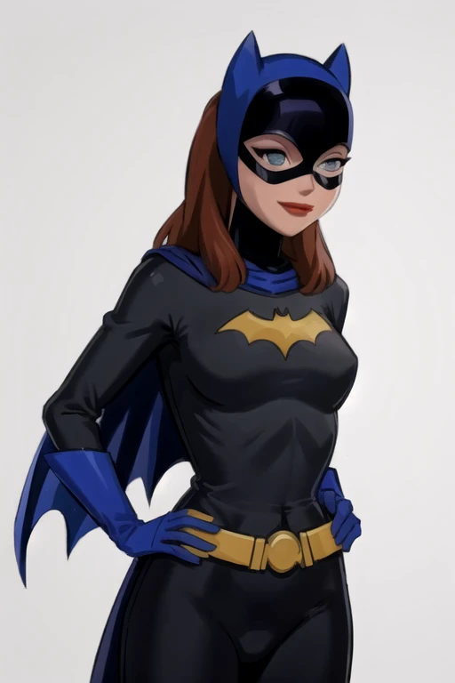 (best-quality:0.8), perfect anime illustration, babs, 1girl, solo, long hair, smile, blue eyes, bedroom, gloves, belt, blue cape, lips, bodysuit, makeup, mask, lipstick, hands on hips, red lips, superhero,