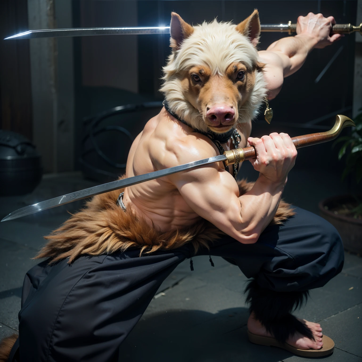 Muscular boy, holding 2 swords, wearing a furry boars head, black pants with fur at the bottom, brown fur around his waist