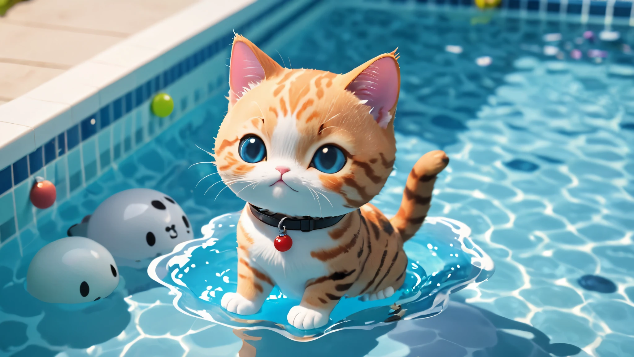 Swiming cat, with boba pool, 3d, cute c