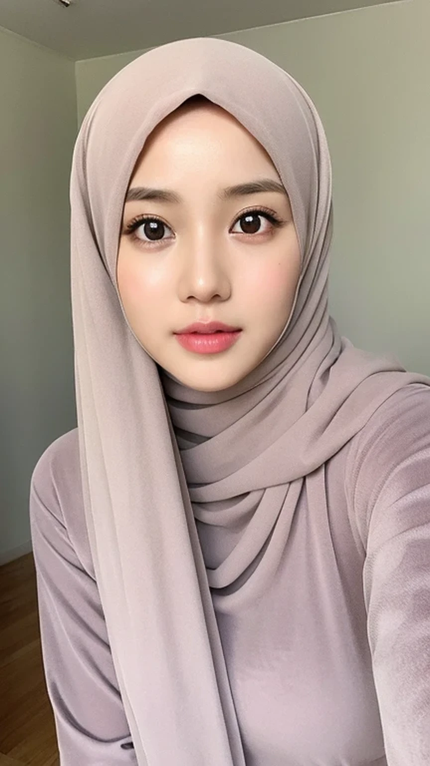 (lifelike, High resolution:1.3), 1 Girl with perfect body, very detailed face and eyes,hijab, indonesian:1.2, whole body, beautiful, white room, cute face