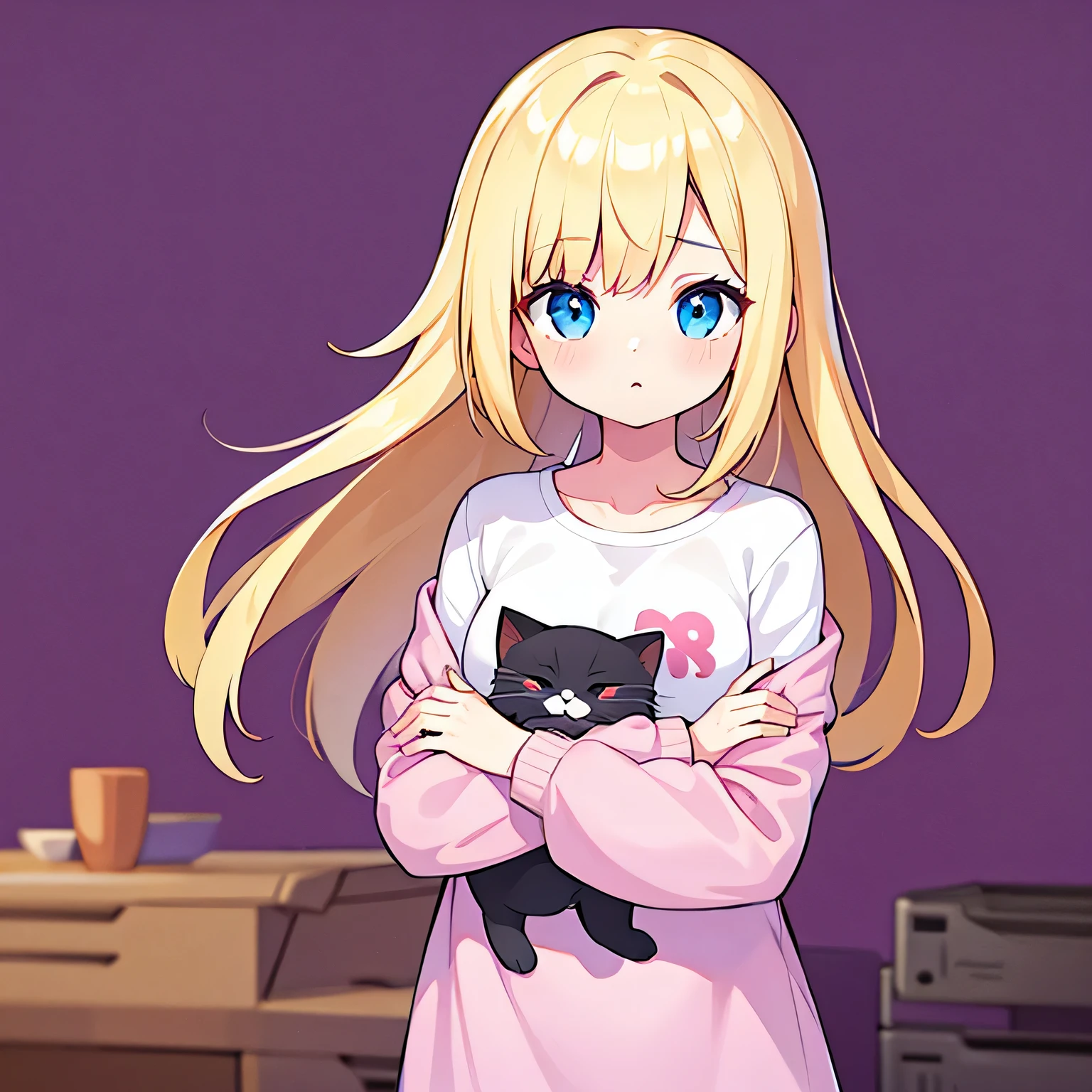 1girl, blonde hair, long hair, smooth hair, teen girl, 8k resolutions, blue eyes, masterpiece, wearing casual clothes, medium breast, holding cat, pink background, upper body, looking at cat, surprising pose
