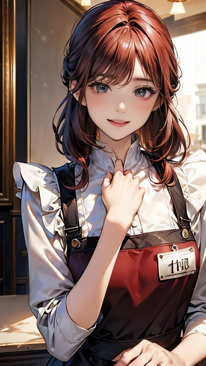 A breathtaking masterpiece、Captured in breathtaking 8K resolution、The portraits are exquisitely detailed and realistic.。The scene is bathed in HDR light.、Depicts a beautiful woman at a medium distance、((chignon:1.8、straight hair、red hair:1.4))、medium breasts、high school girl、(Cafe:1.4)、((blouse、The apron is clean、Has the store logo。A name tag is attached to the chest、We welcome our customers with a bright smile。))、In a perfect contrapposto pose、Her hands were delicately placed on her head、Smiling amiably at the viewer。She exudes an aura of grace and charm.。